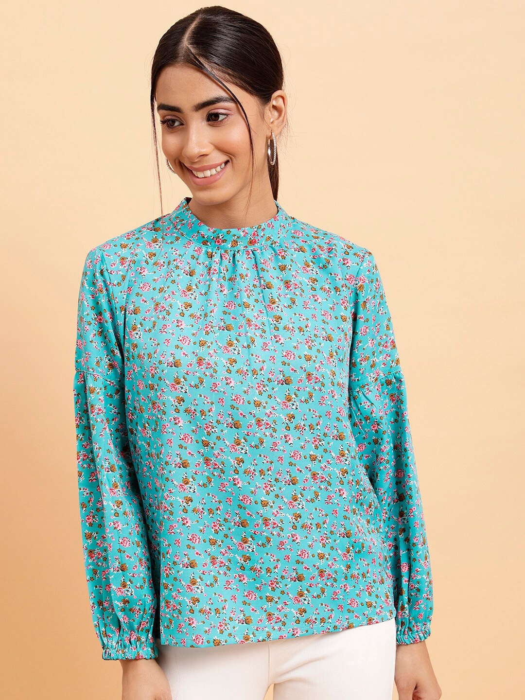 

MINT STREET Floral Printed High Neck Long Sleeve Top, Turquoise blue