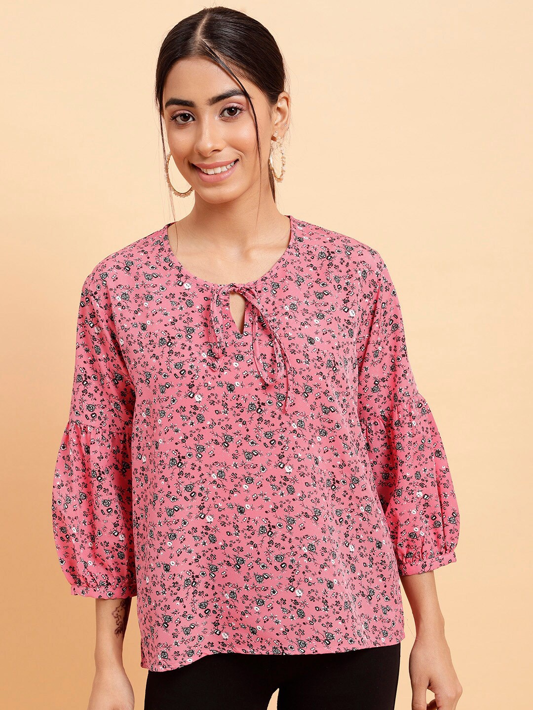 

MINT STREET Floral Printed Tie-Up Neck Puff Sleeves Top, Pink