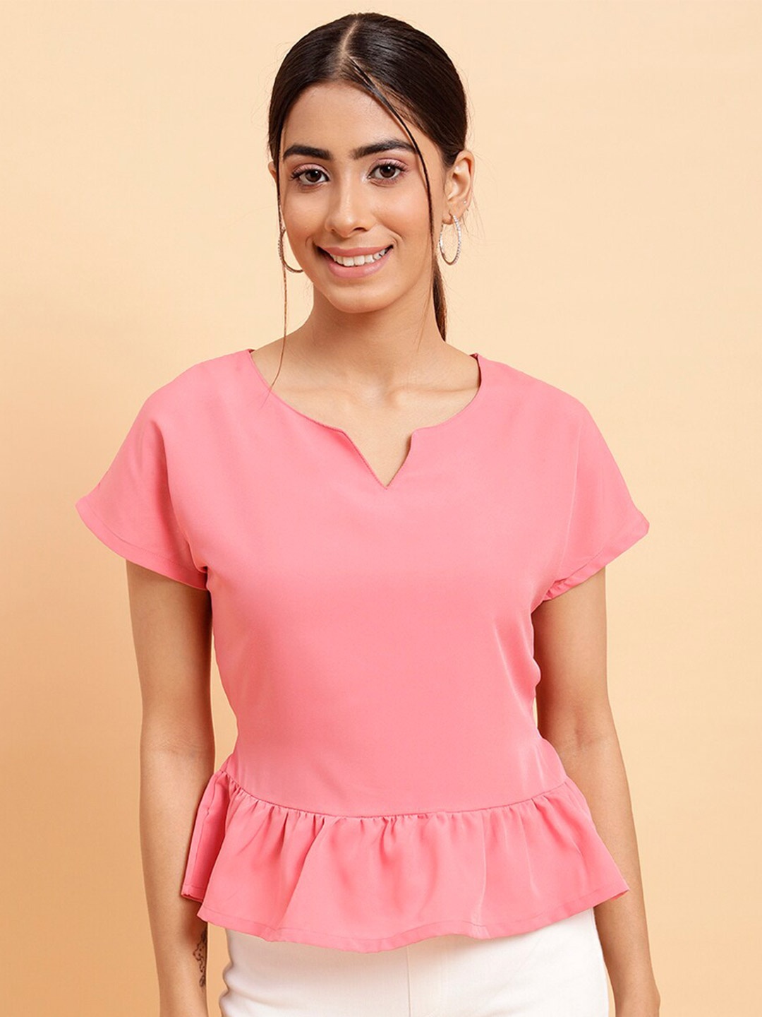 

MINT STREET V-Neck Extended Sleeves Gathered Top, Pink