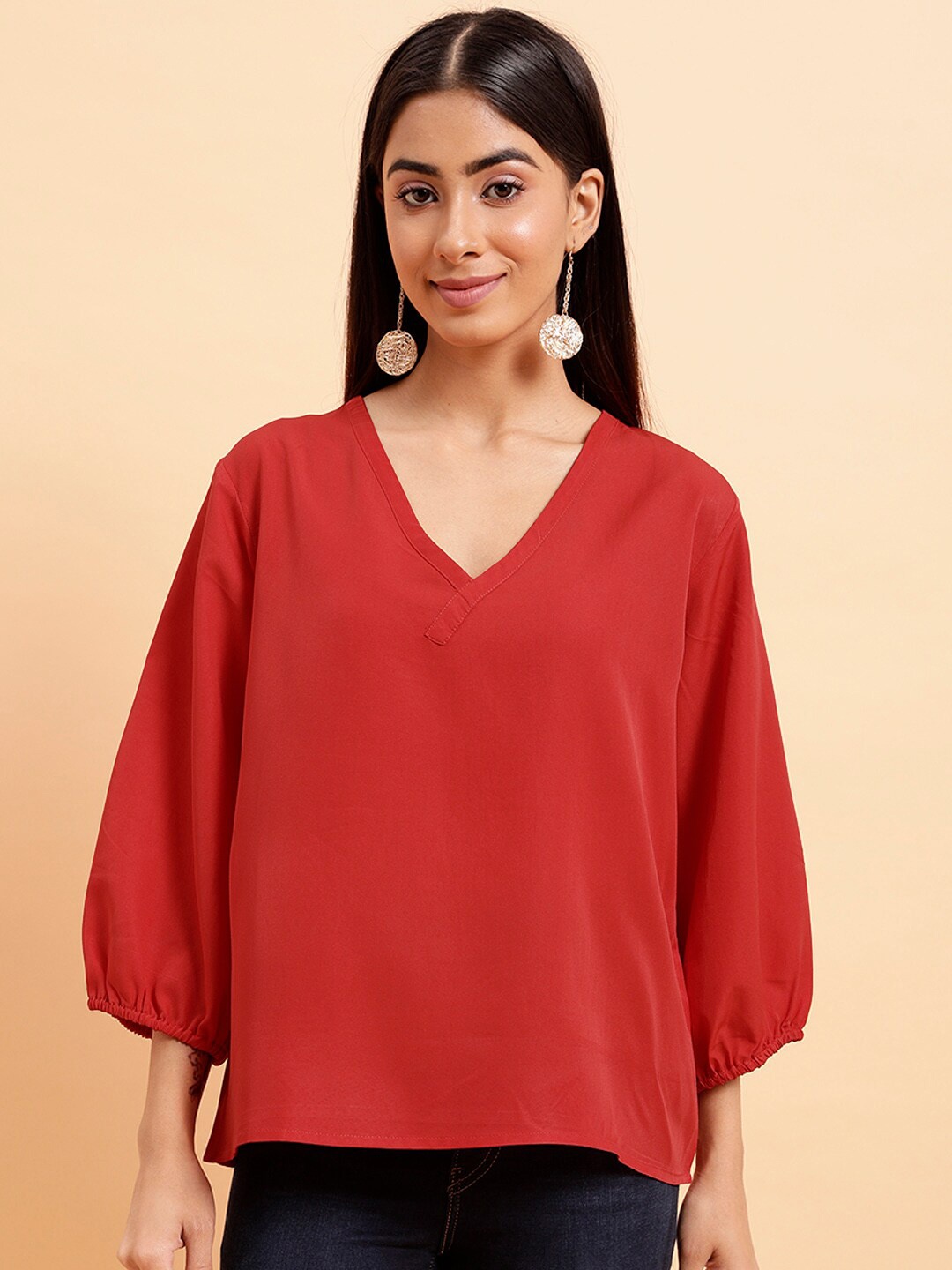 

MINT STREET V-Neck Puff sleeves Top, Red