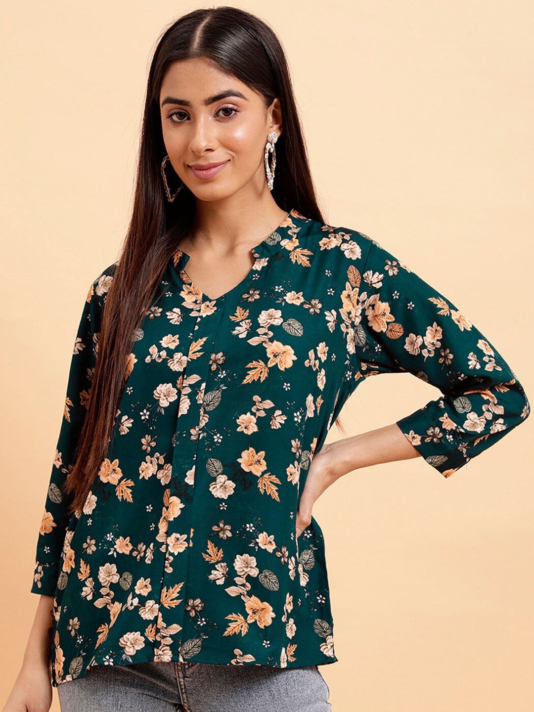 

MINT STREET Floral Printed Shirt Style Top, Teal