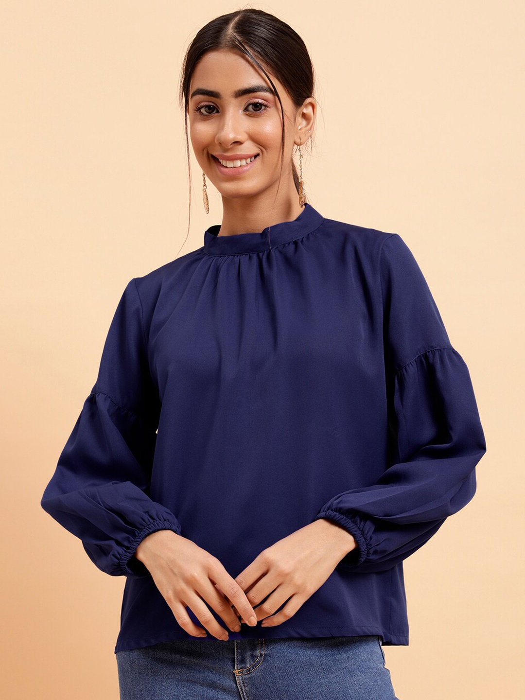 

MINT STREET High Neck Puff Sleeves Top, Navy blue