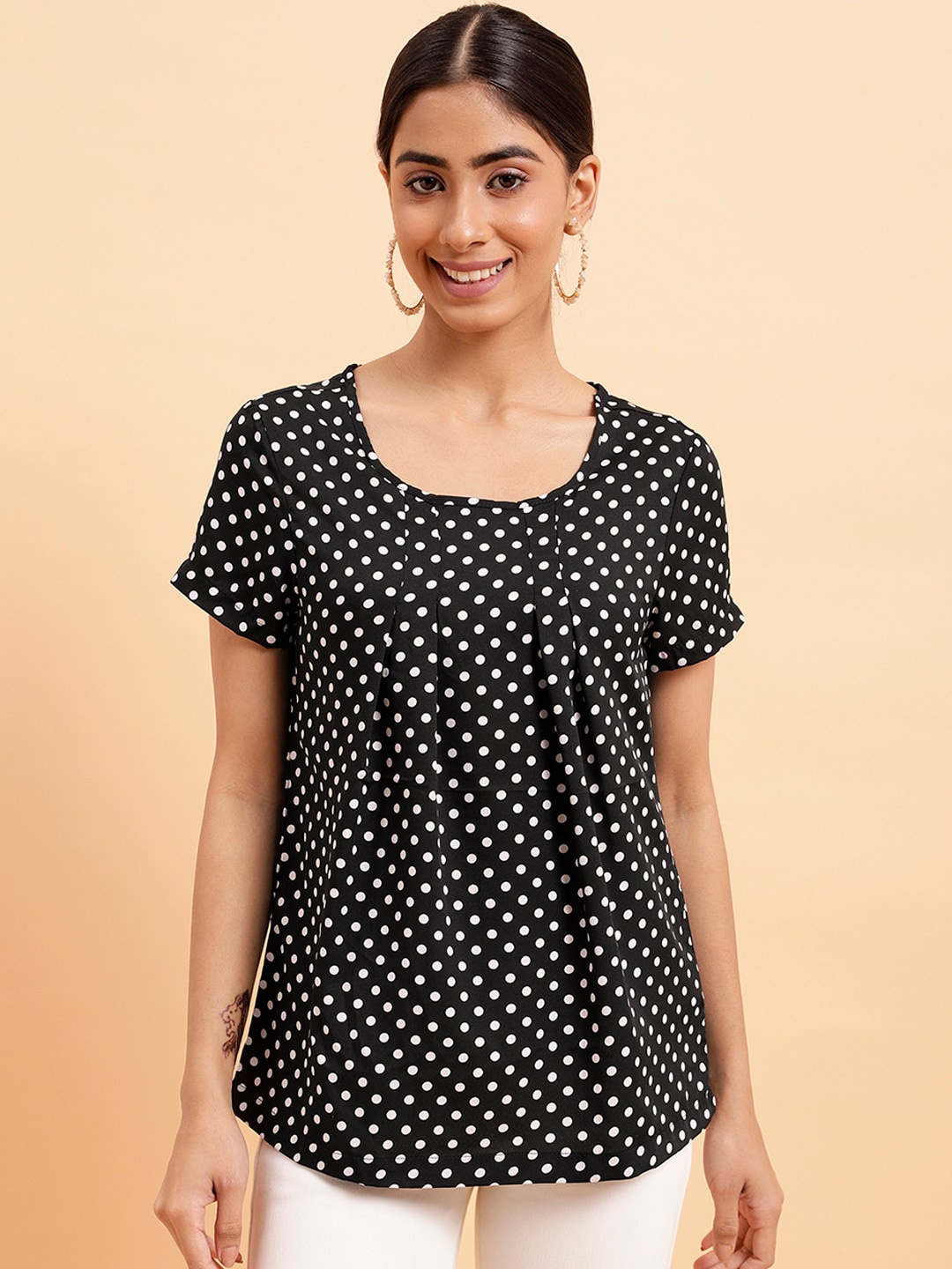 

MINT STREET Polka Dot Printed A-Line Top, Black