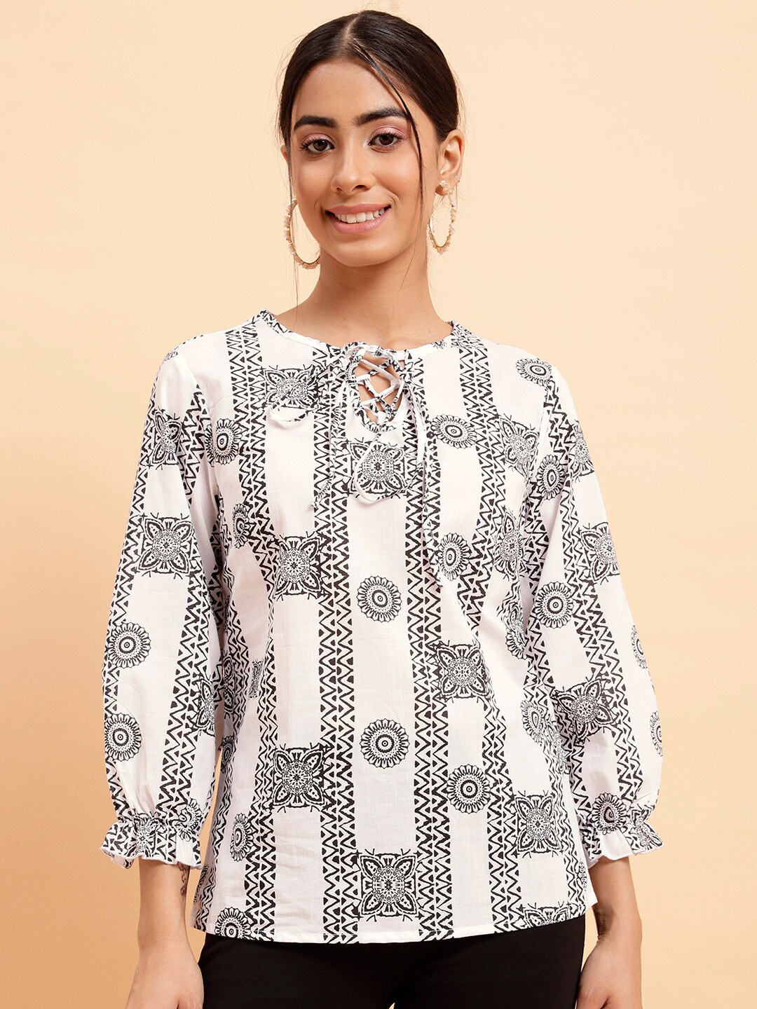 

MINT STREET Ethnic Motif Printed Tie-Up Neck Puff sleeves Top, White