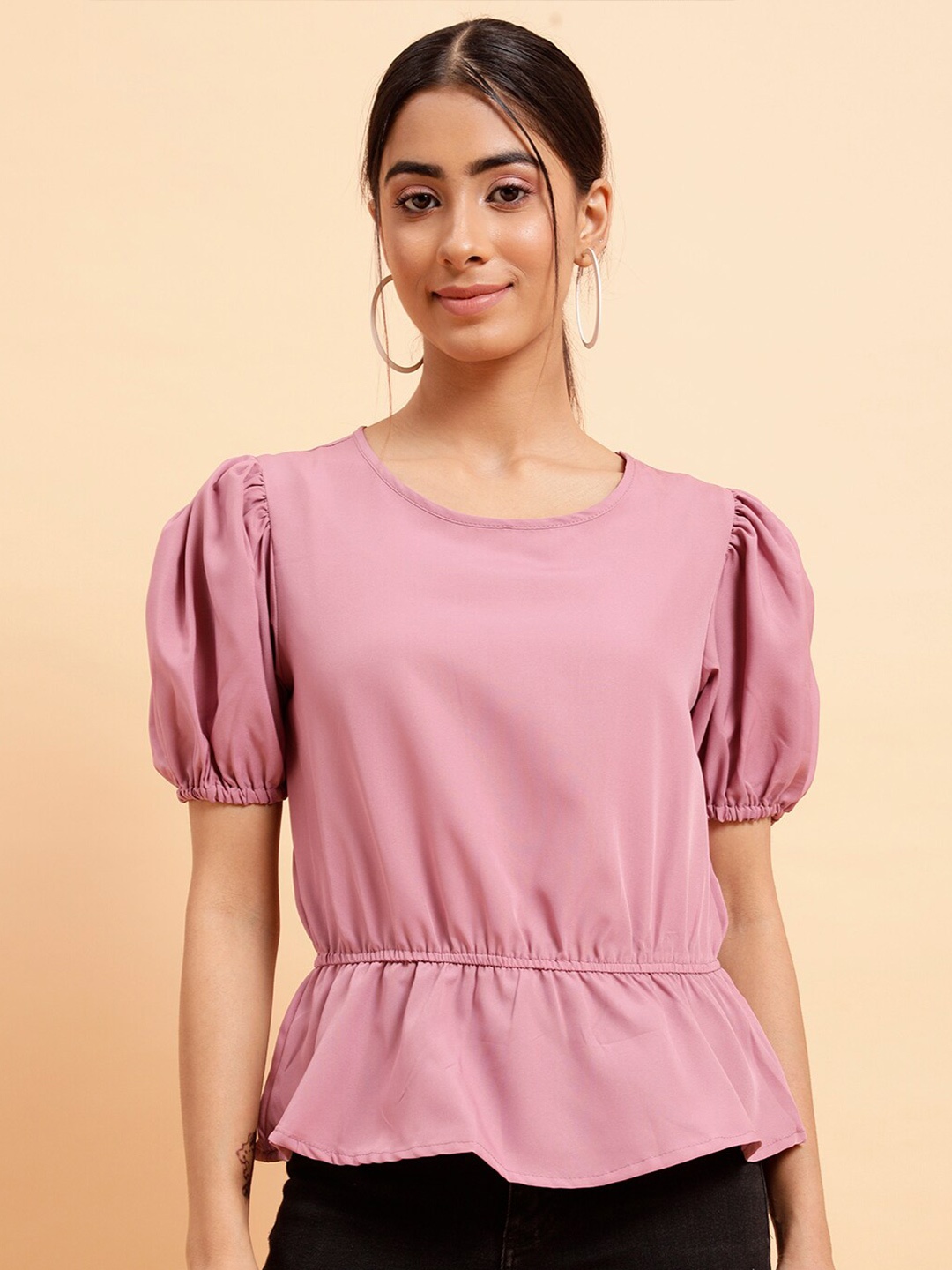 

MINT STREET Round Neck Puff Sleeves Peplum Top, Pink