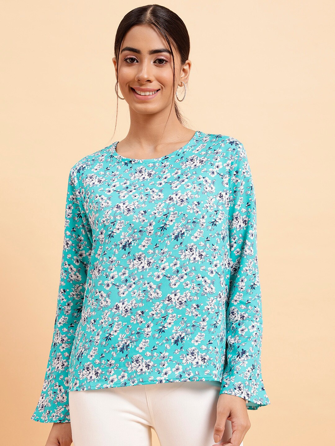 

MINT STREET Floral Printed Bell Sleeves Crepe Top, Turquoise blue