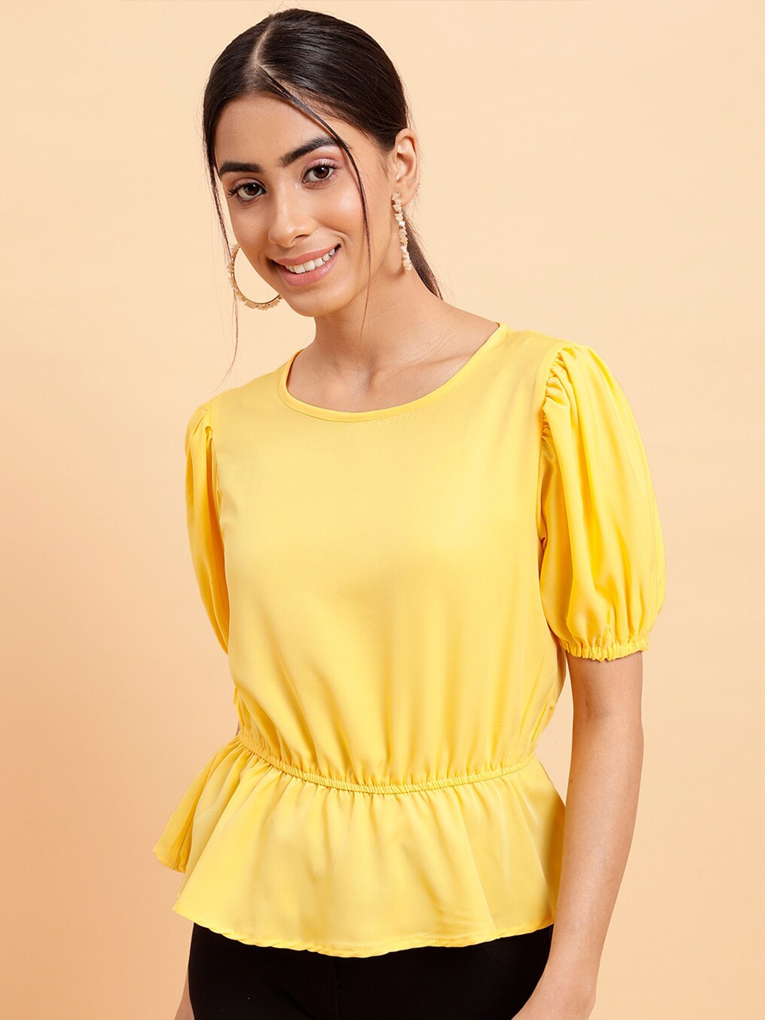 

MINT STREET Puff Sleeves Peplum Top, Yellow