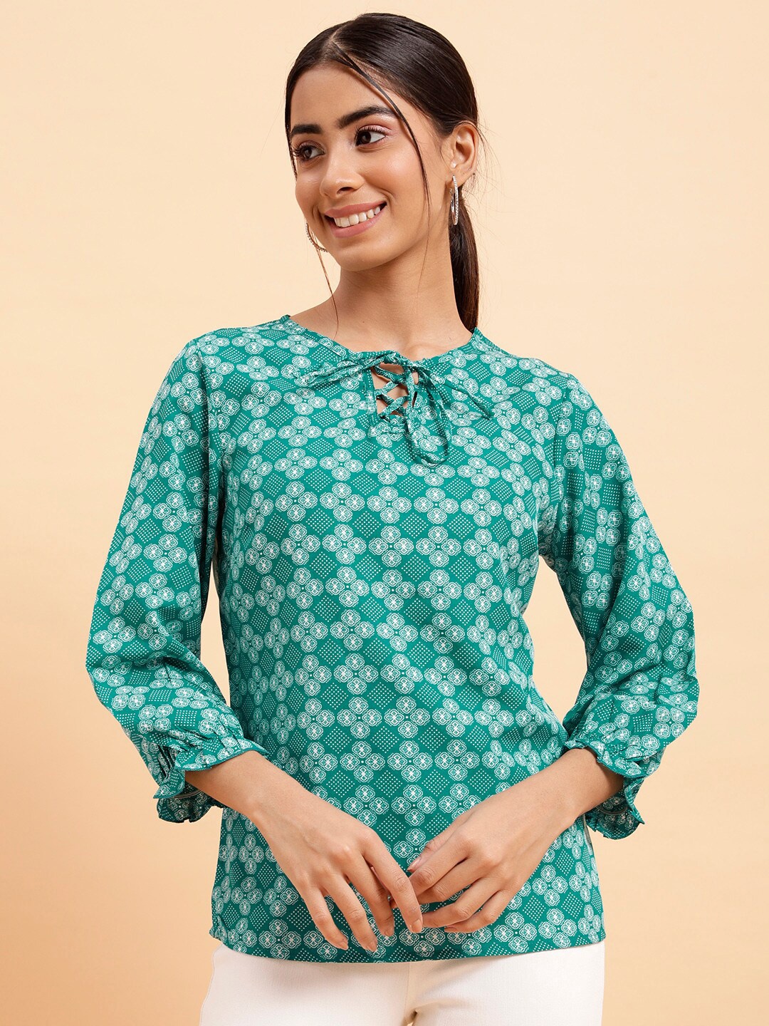 

MINT STREET Floral Printed Tie-Up Neck Crepe Top, Turquoise blue