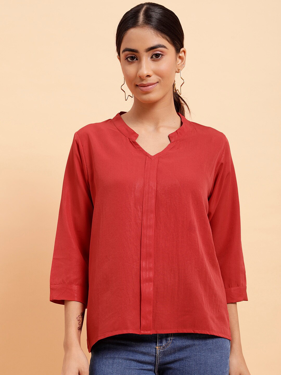 

MINT STREET Mandarin Collar Crepe Top, Red
