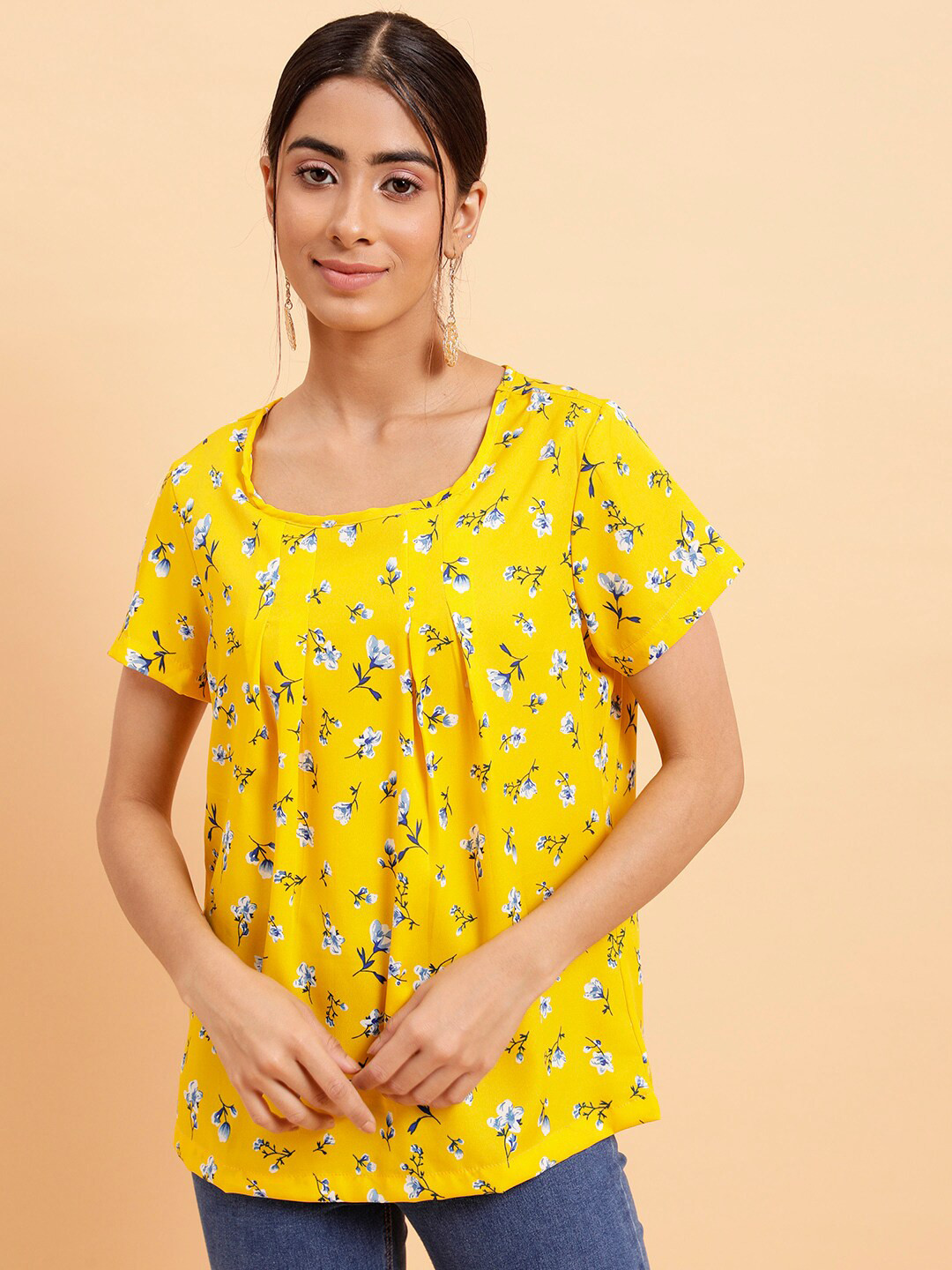 

MINT STREET Floral Printed Square Neck Crepe Top, Yellow