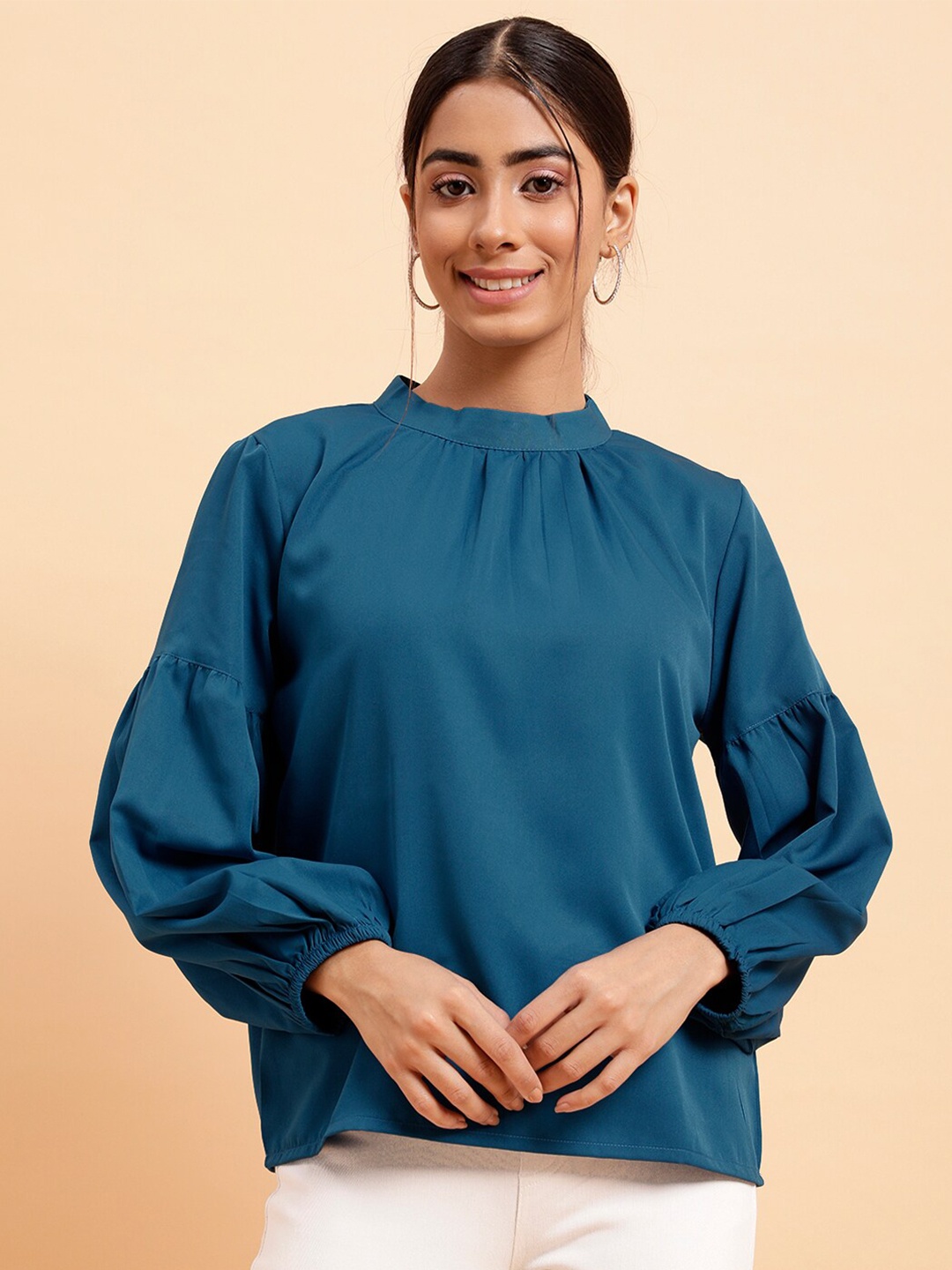 

MINT STREET High Neck Puff Sleeves Regular Top, Teal