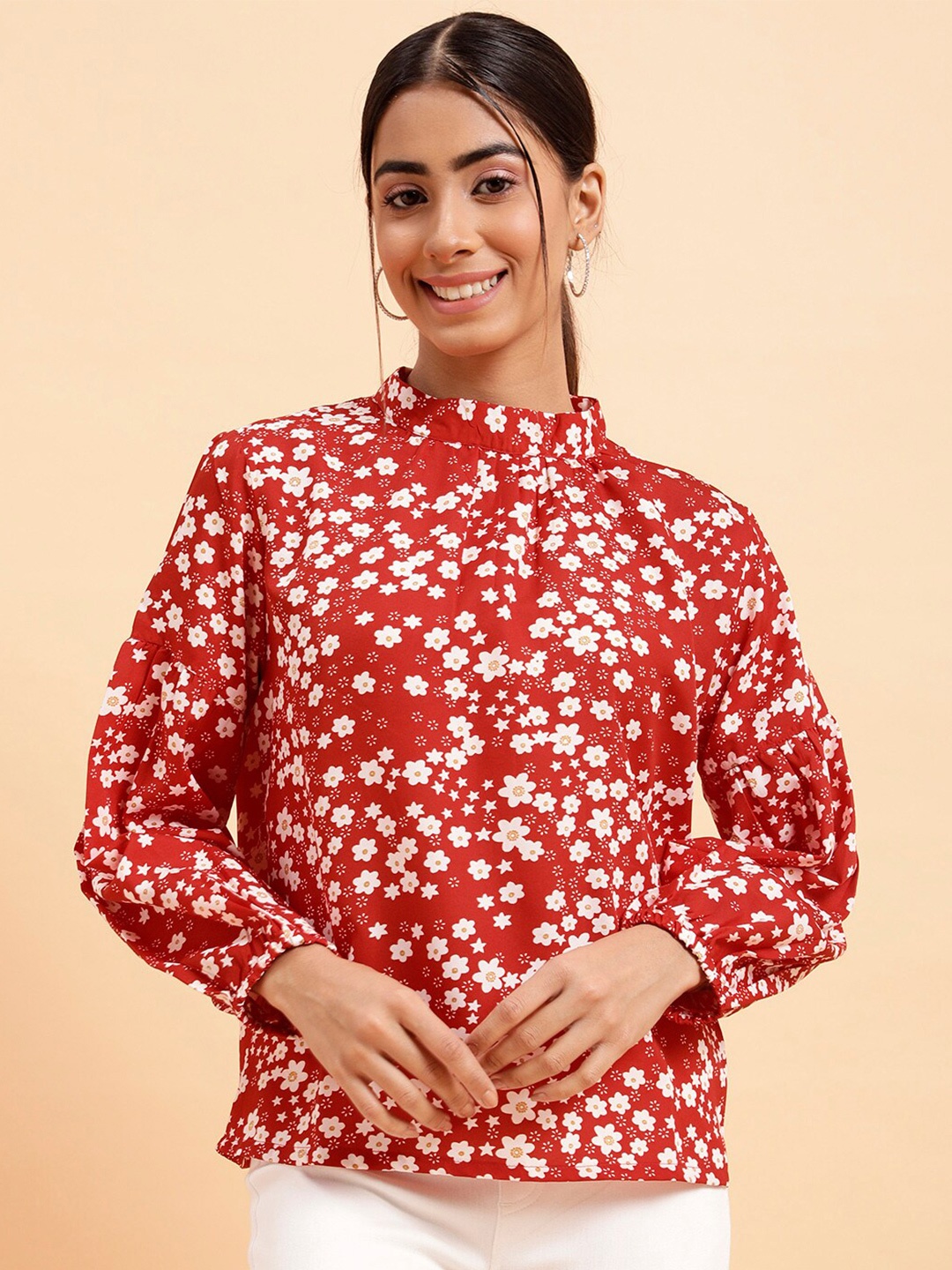 

MINT STREET Floral Printed High Neck Regular Top, Red