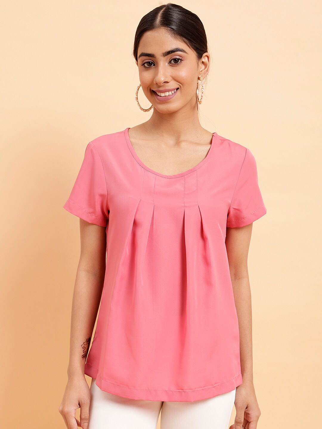 

MINT STREET Casual Pleated Crepe Top, Pink