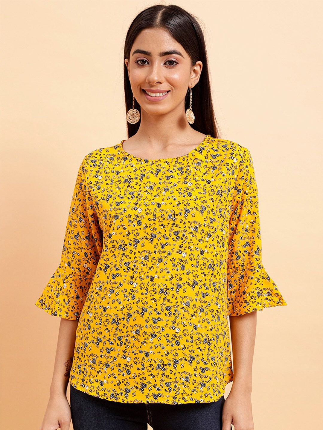

MINT STREET Floral Printed Bell Sleeves Crepe Top, Yellow