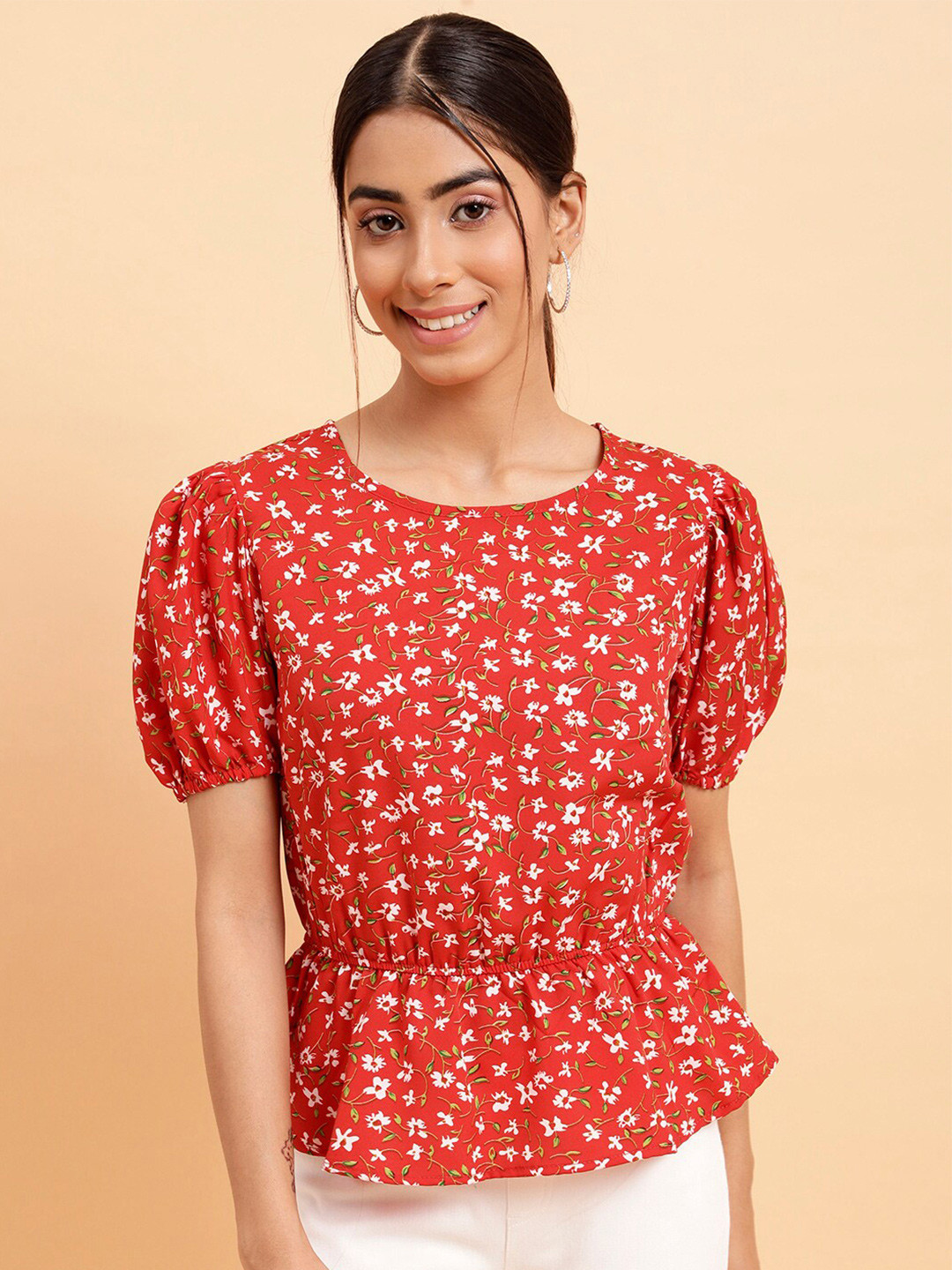 

MINT STREET Floral Printed Puff Sleeves Crepe Styled Back Top, Red