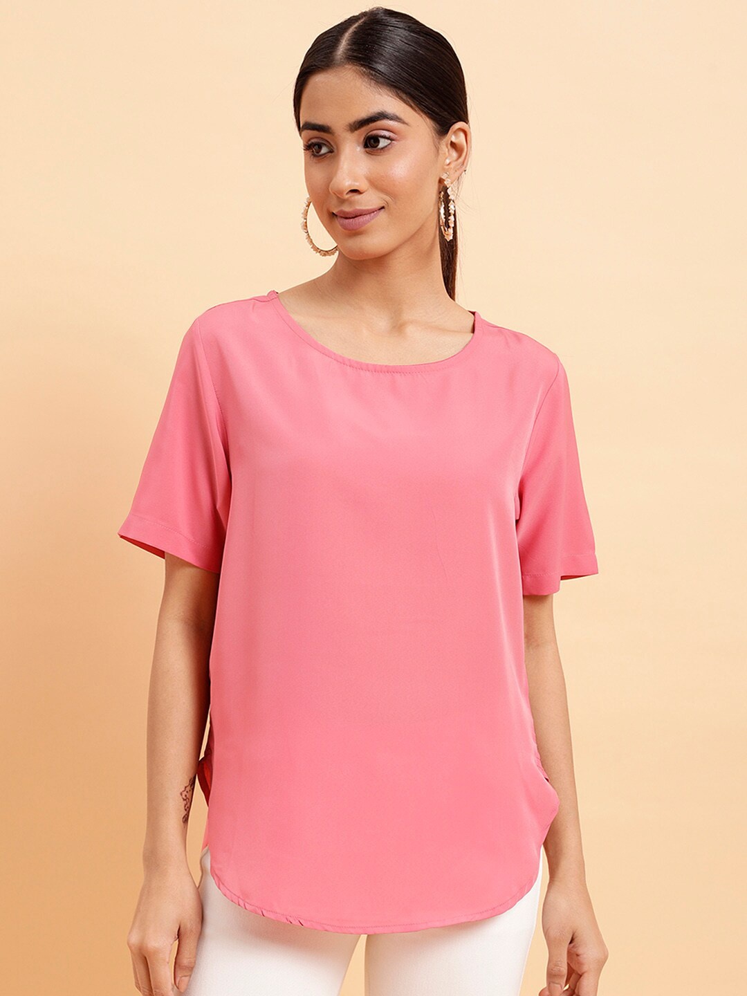 

MINT STREET Round Neck Short Sleeves Crepe Top, Pink