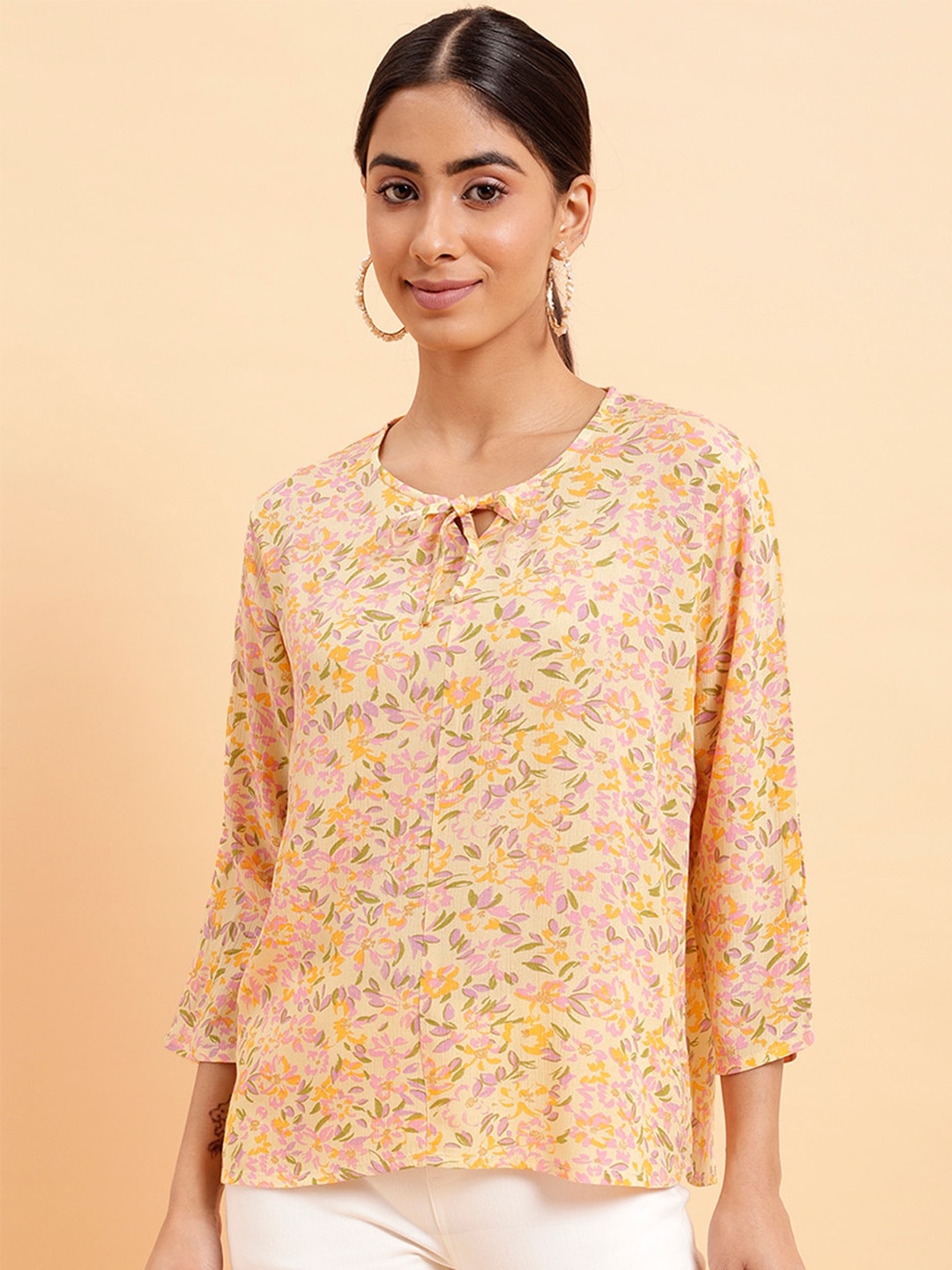 

MINT STREET Floral Printed Tie-Up Neck Crepe Top, Orange