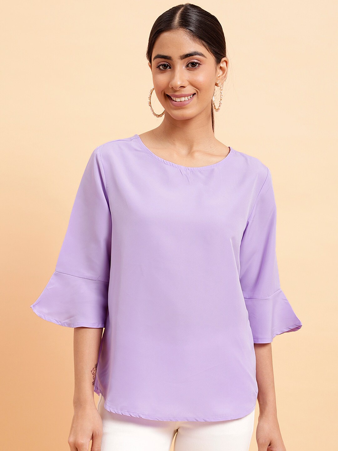 

MINT STREET Round Neck Bell Sleeves Crepe Top, Lavender