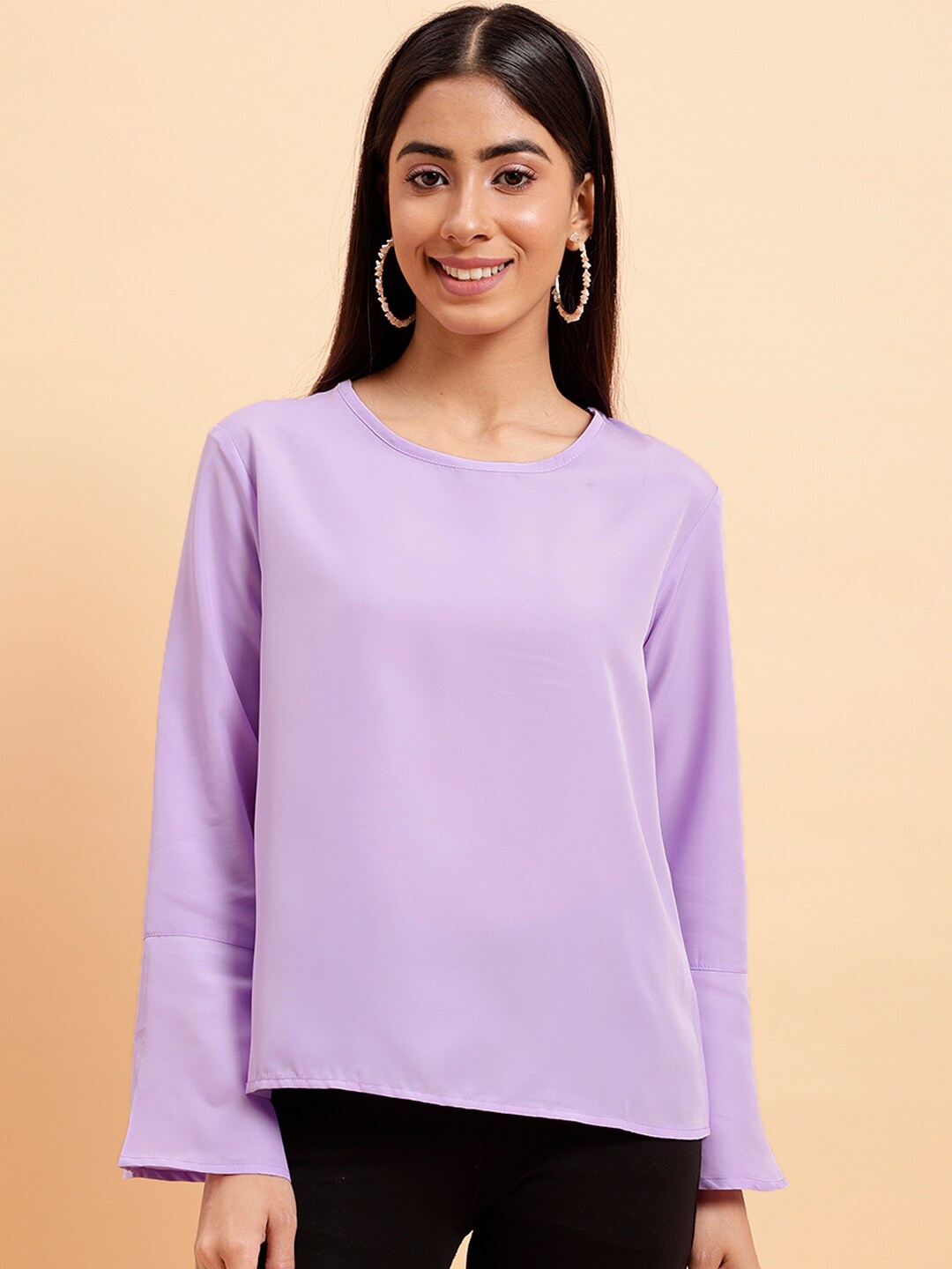 

MINT STREET Round Neck Bell Sleeves Crepe Top, Lavender