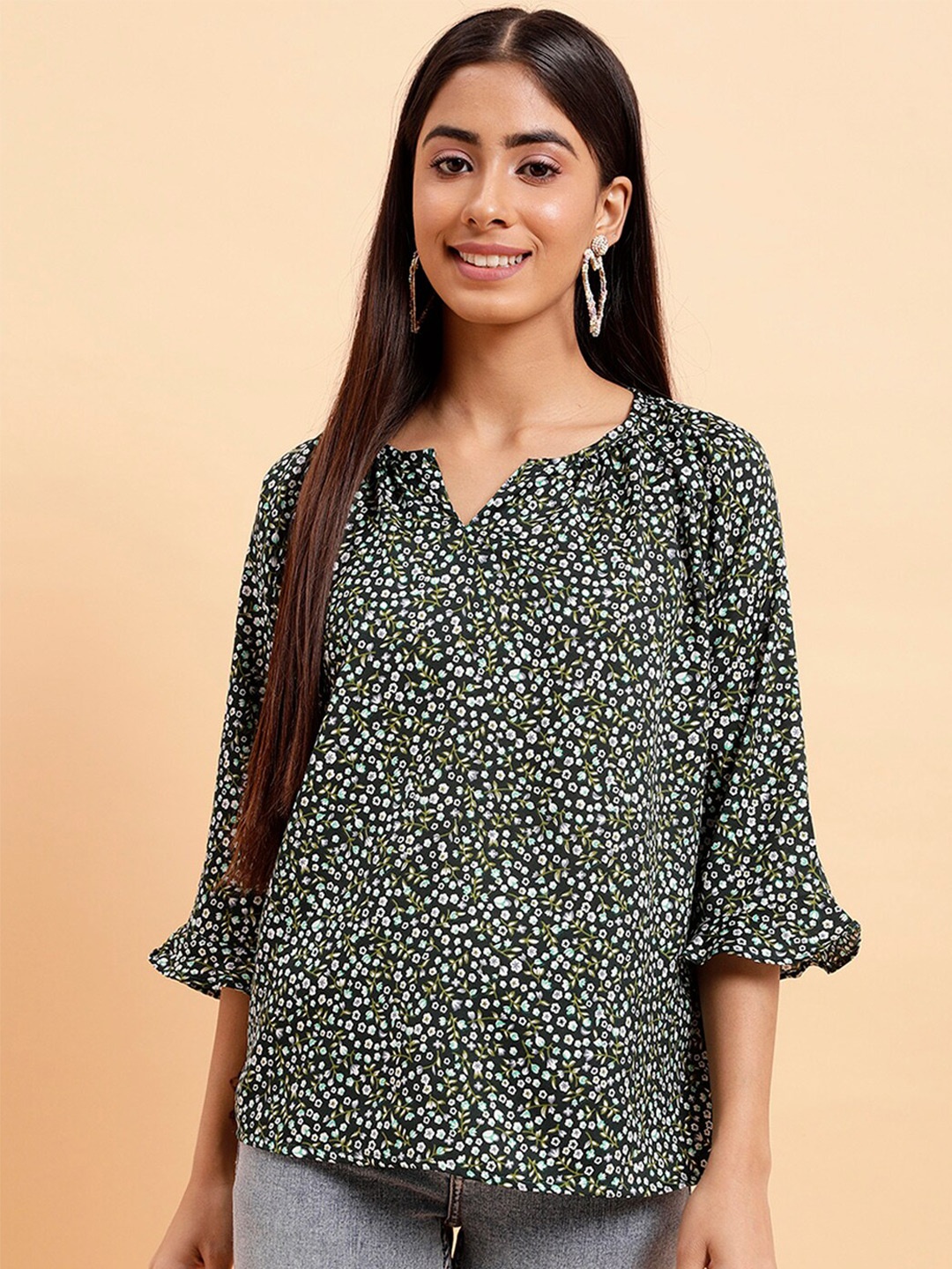 

MINT STREET Floral Printed Bell Sleeve Crepe Top, Black