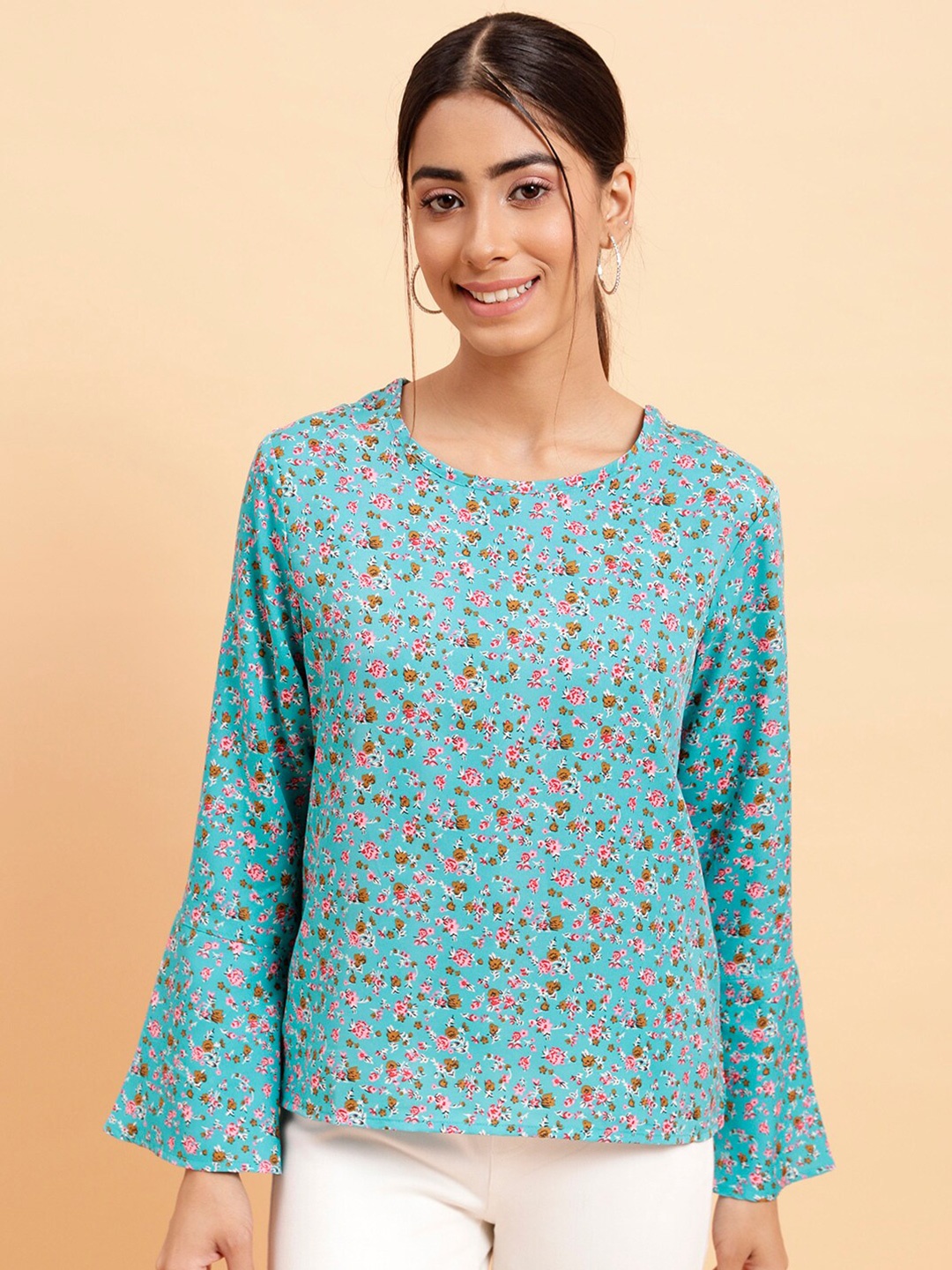 

MINT STREET Floral Printed Bell Sleeves Top, Turquoise blue