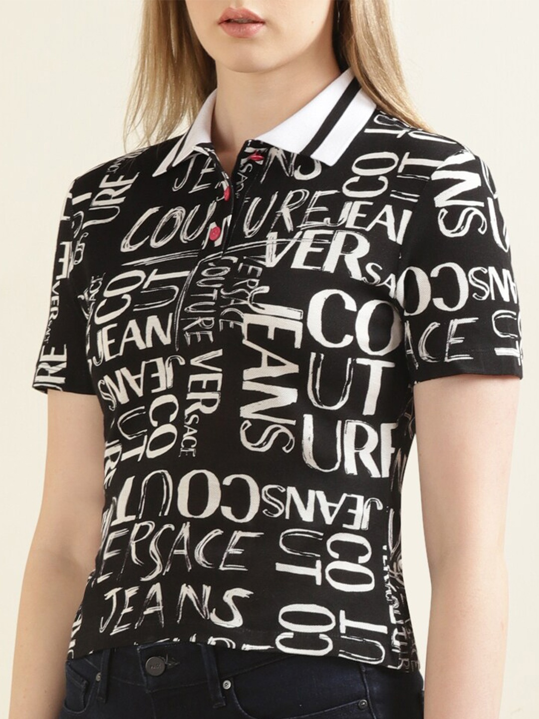 

Versace Jeans Couture Typography Printed Polo Collar Cotton T-shirt, Black