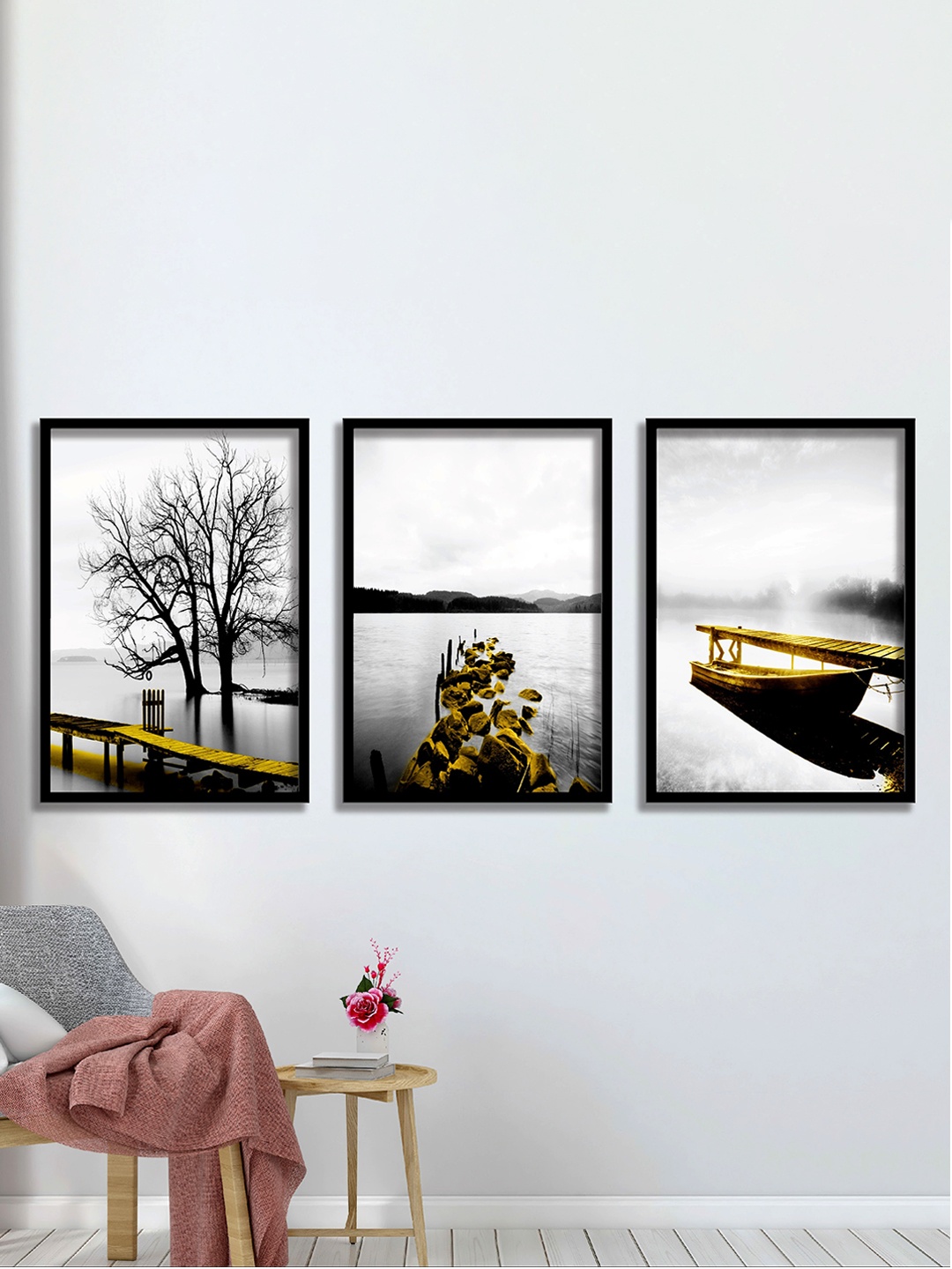 

SAF White & Black 3 Pieces Water & Bridge Painting Waterproof Wall Arts