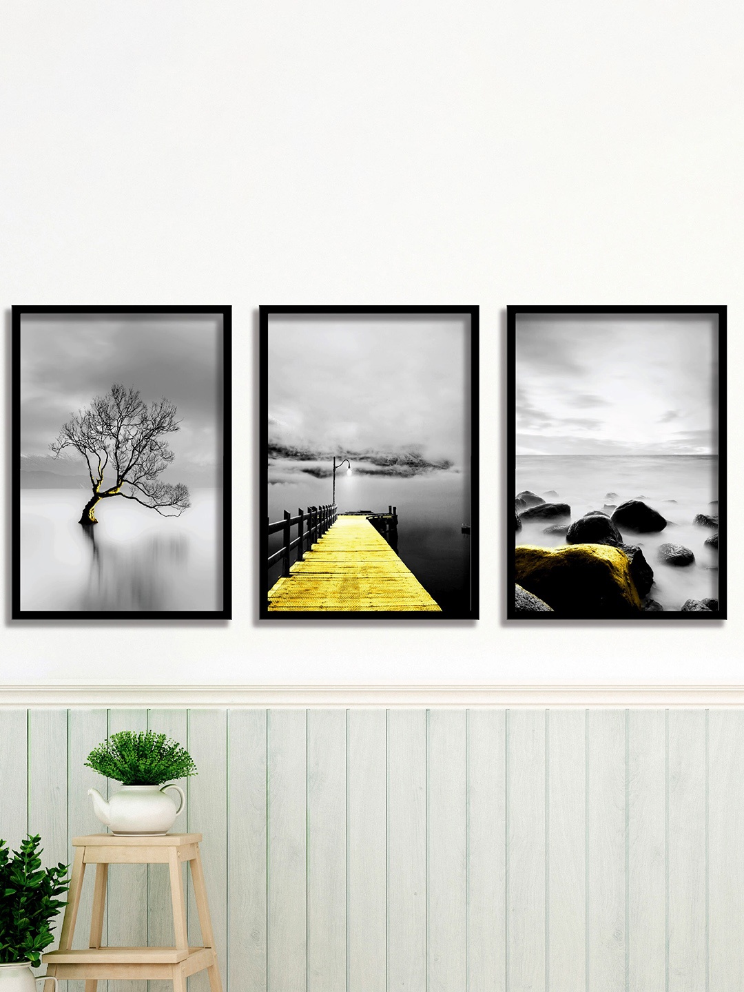 

SAF Black & Grey 3 Pieces Water & Bridge Painting Waterproof Wall Arts