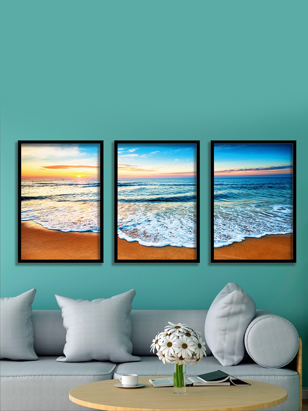 

SAF Blue & Brown 3 Pieces Sea & Waves Painting Waterproof Wall Arts