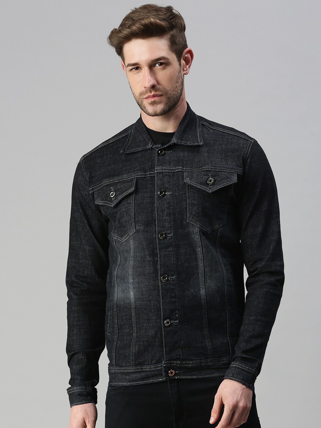 

SHOWOFF Men Washed Spread Collar Denim Jacket, Black
