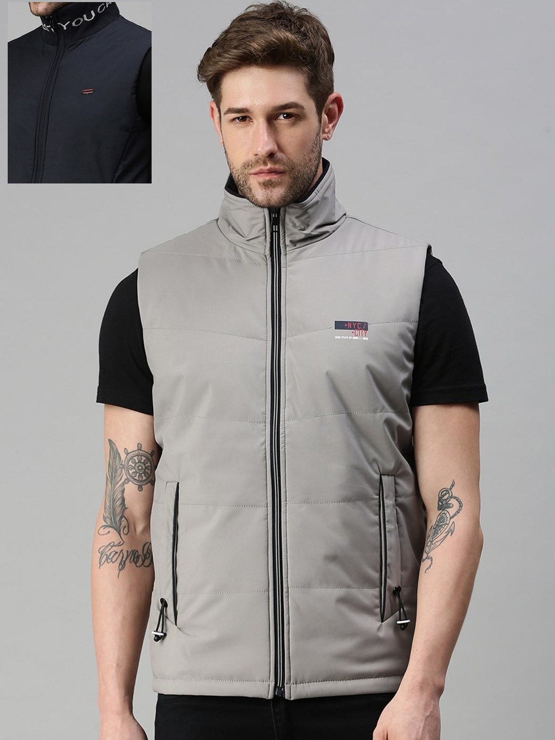 

SHOWOFF Reversible Mock Collar Padded Jacket, Grey
