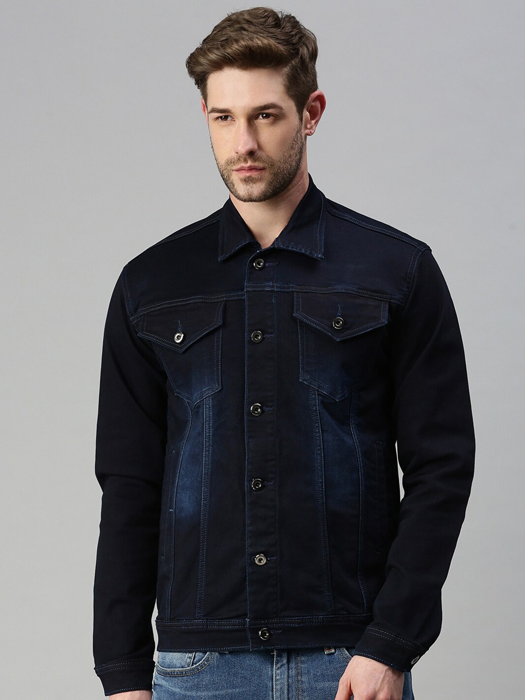 

SHOWOFF Men Washed Windcheater Denim Jacket, Navy blue