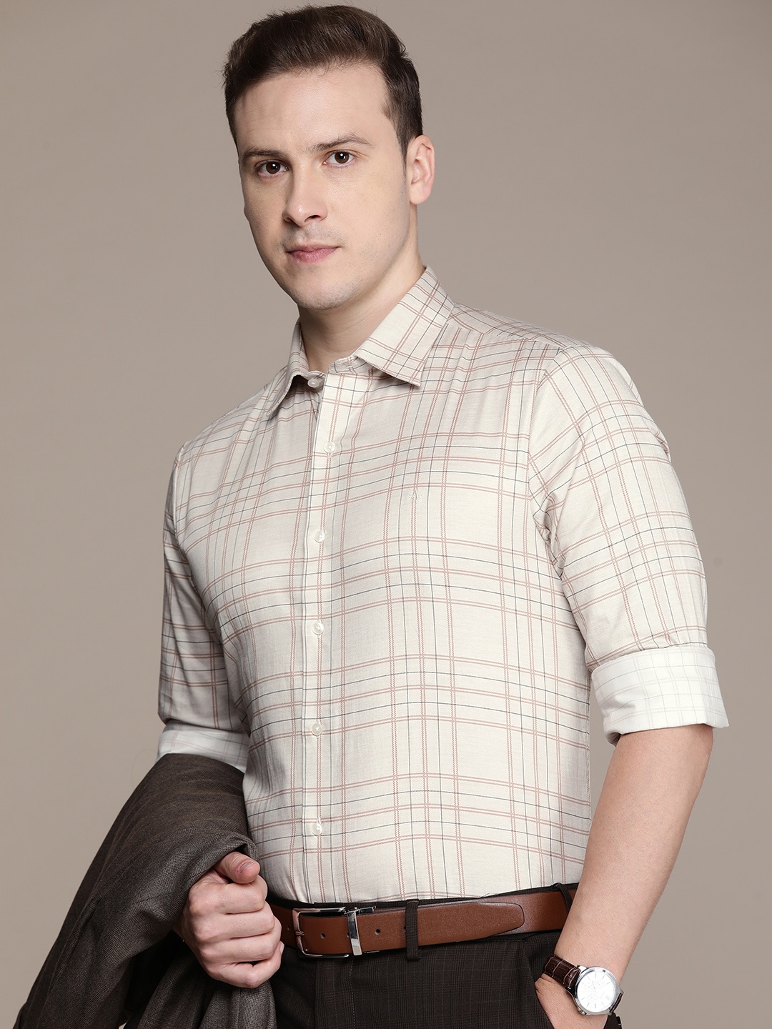 

Arrow Checked Slim Fit Pure Cotton Formal Shirt, Beige
