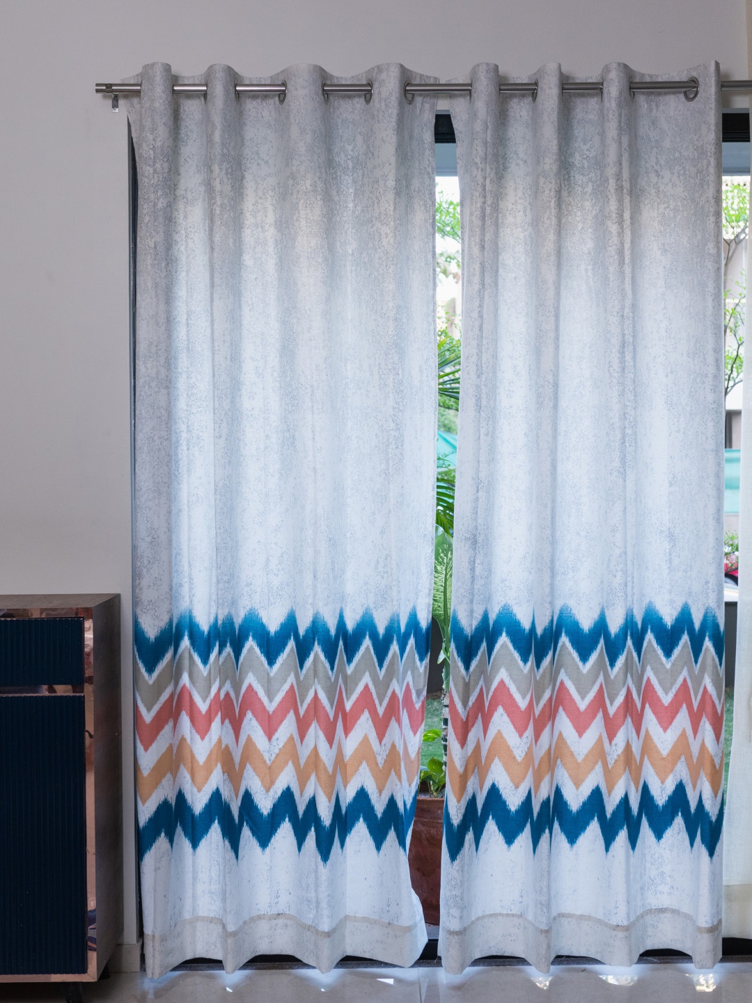 

URBAN SPACE Blue & Coral 2 Pieces Abstract Printed Cotton Window Curtains