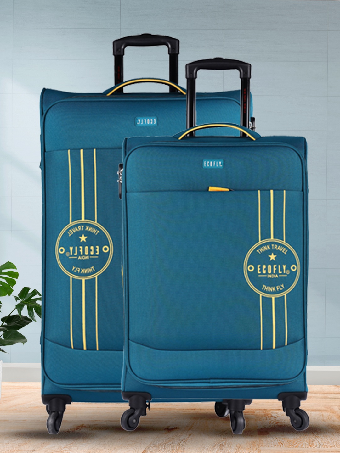 

fly Set Of 2 Printed Soft-Sided Medium & Cabin Trolley Bags, Teal