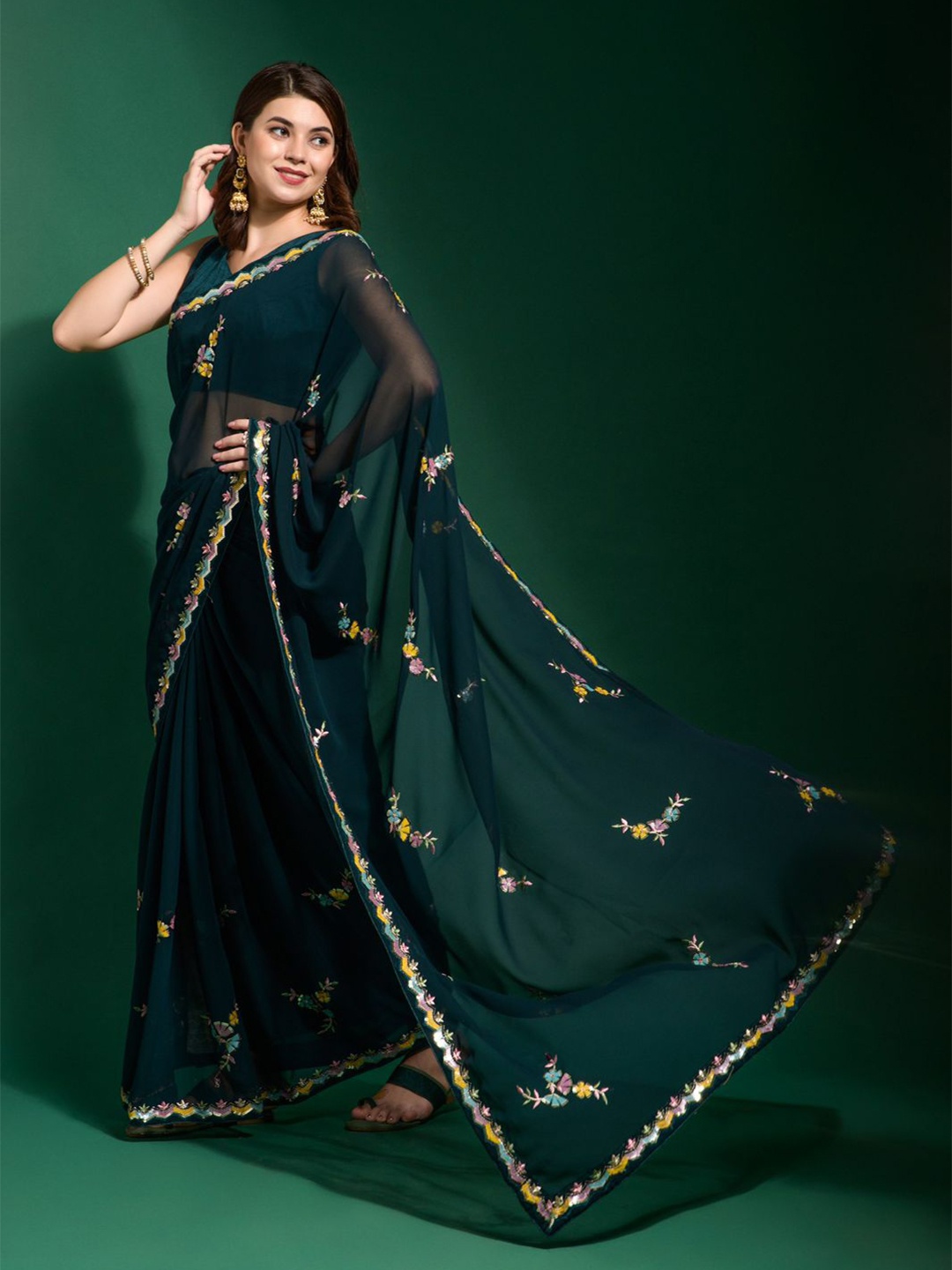 

VEERAX Floral Embroidered Pure Georgette Saree, Teal