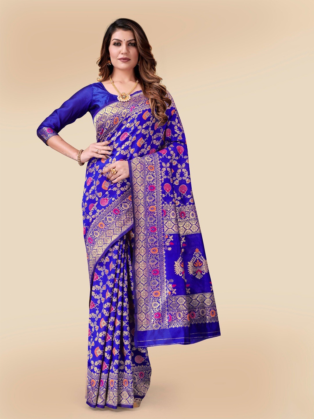 

VEERAX Floral Woven Design Zari Kota Saree, Blue