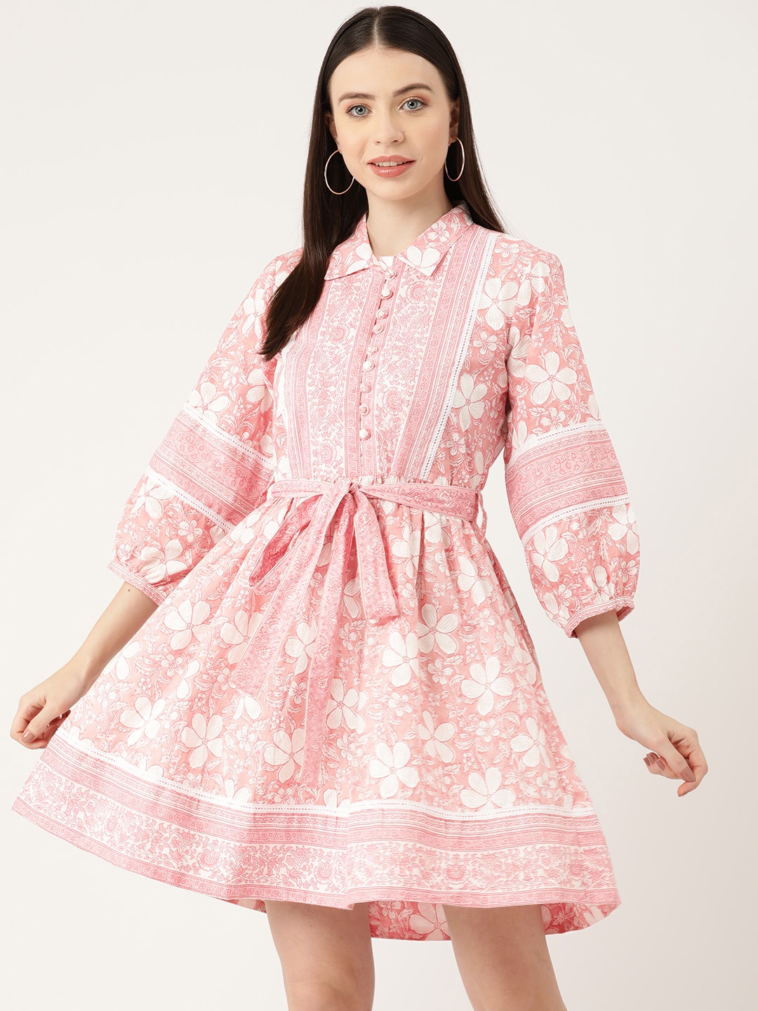 

Jaipur Morni Pure Cotton Floral Print Fit & Flare Dress, Rose