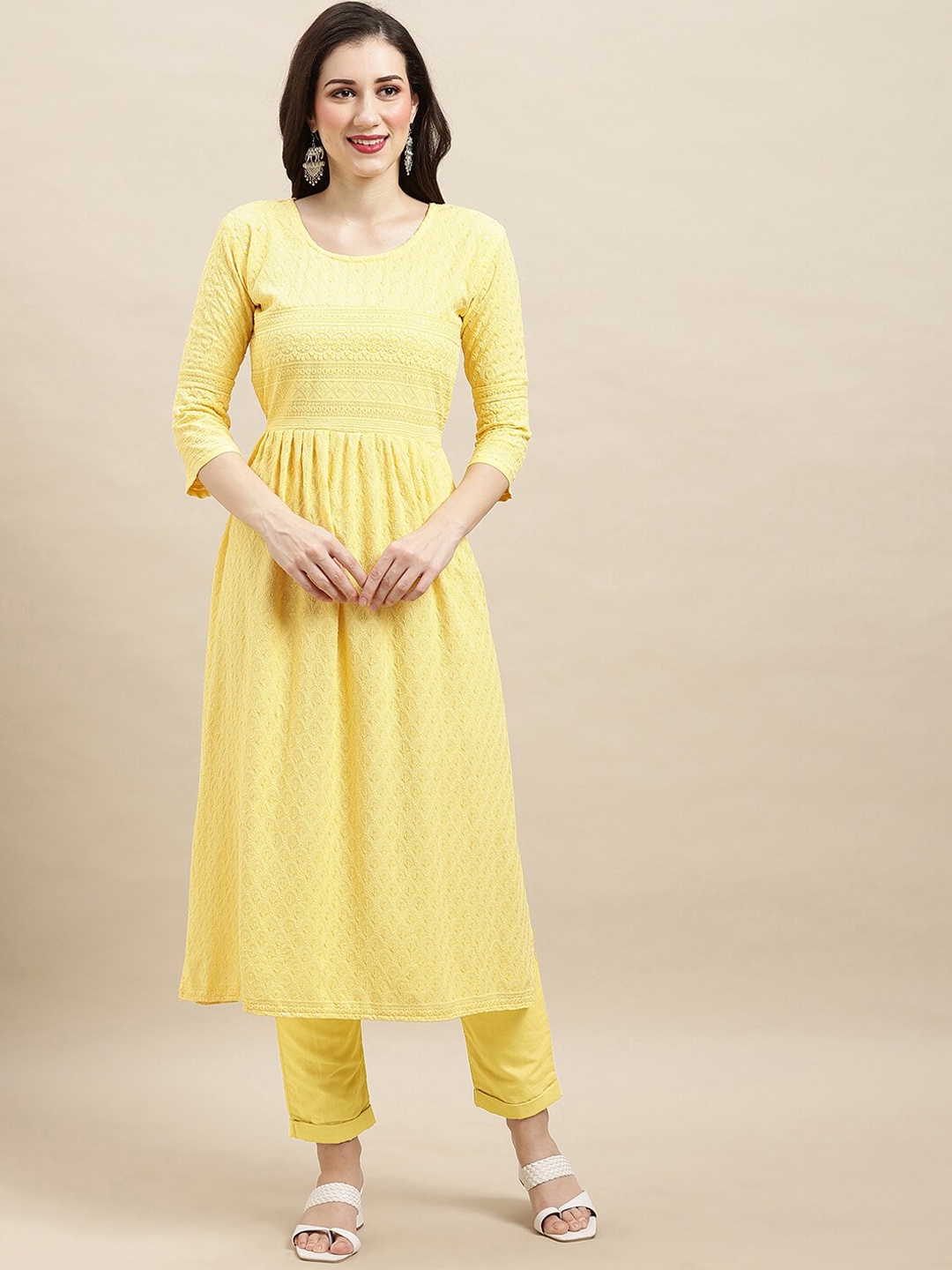 

Sangria Yellow Ethnic Motifs Embroidered Chikankari A-Line Kurta