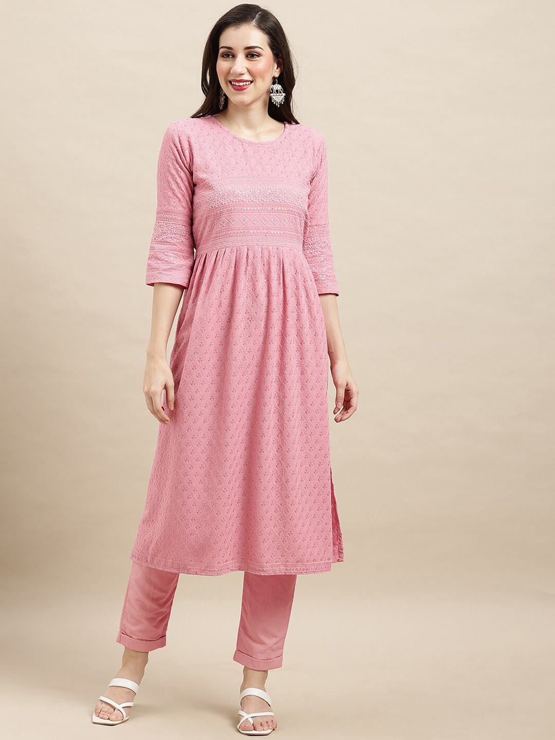 

Sangria Pink Ethnic Motifs Embroidered Sequined A-Line Kurta