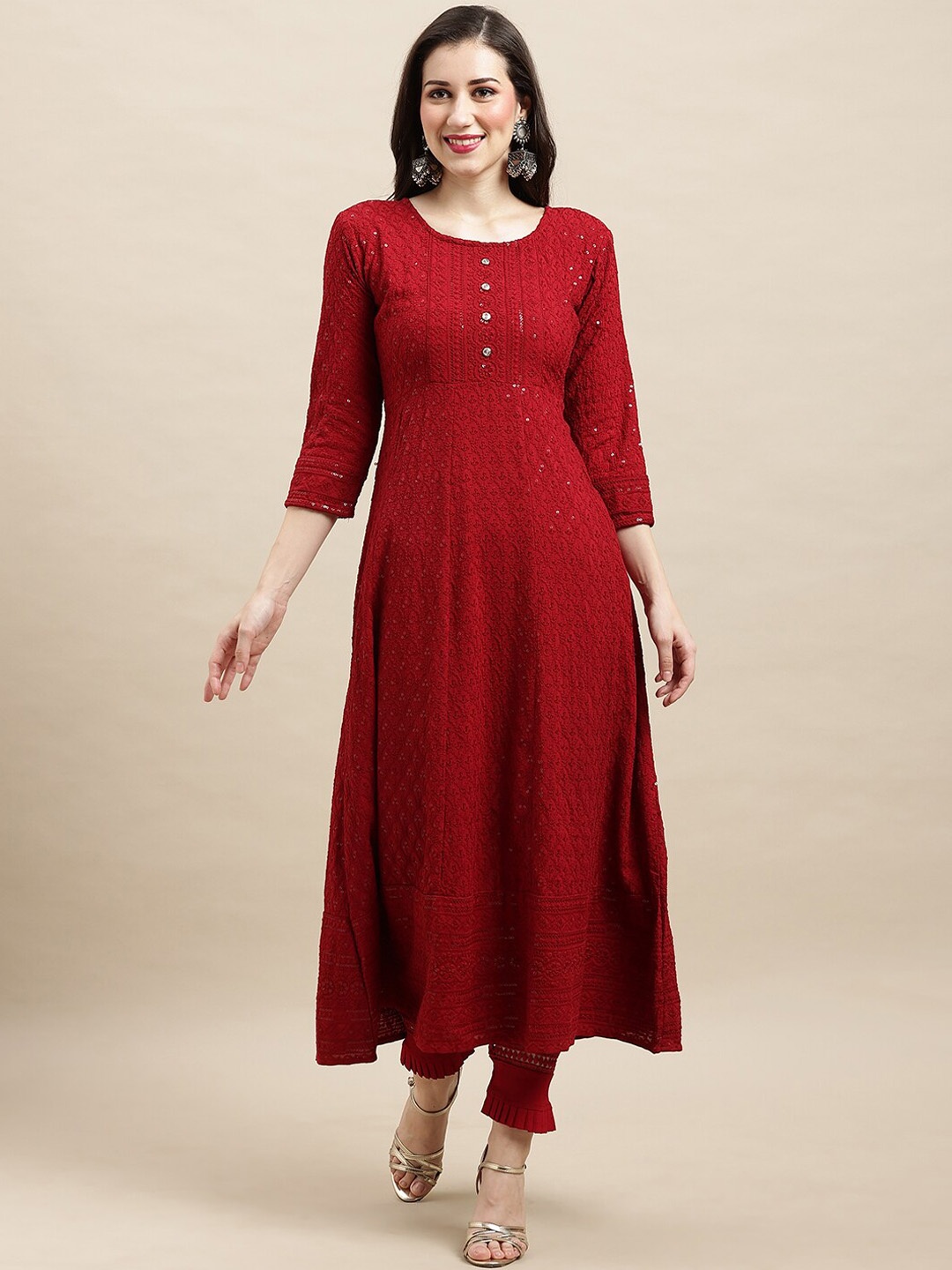 

Sangria Red Ethnic Motifs Embroidered Chikankari A-line Kurta