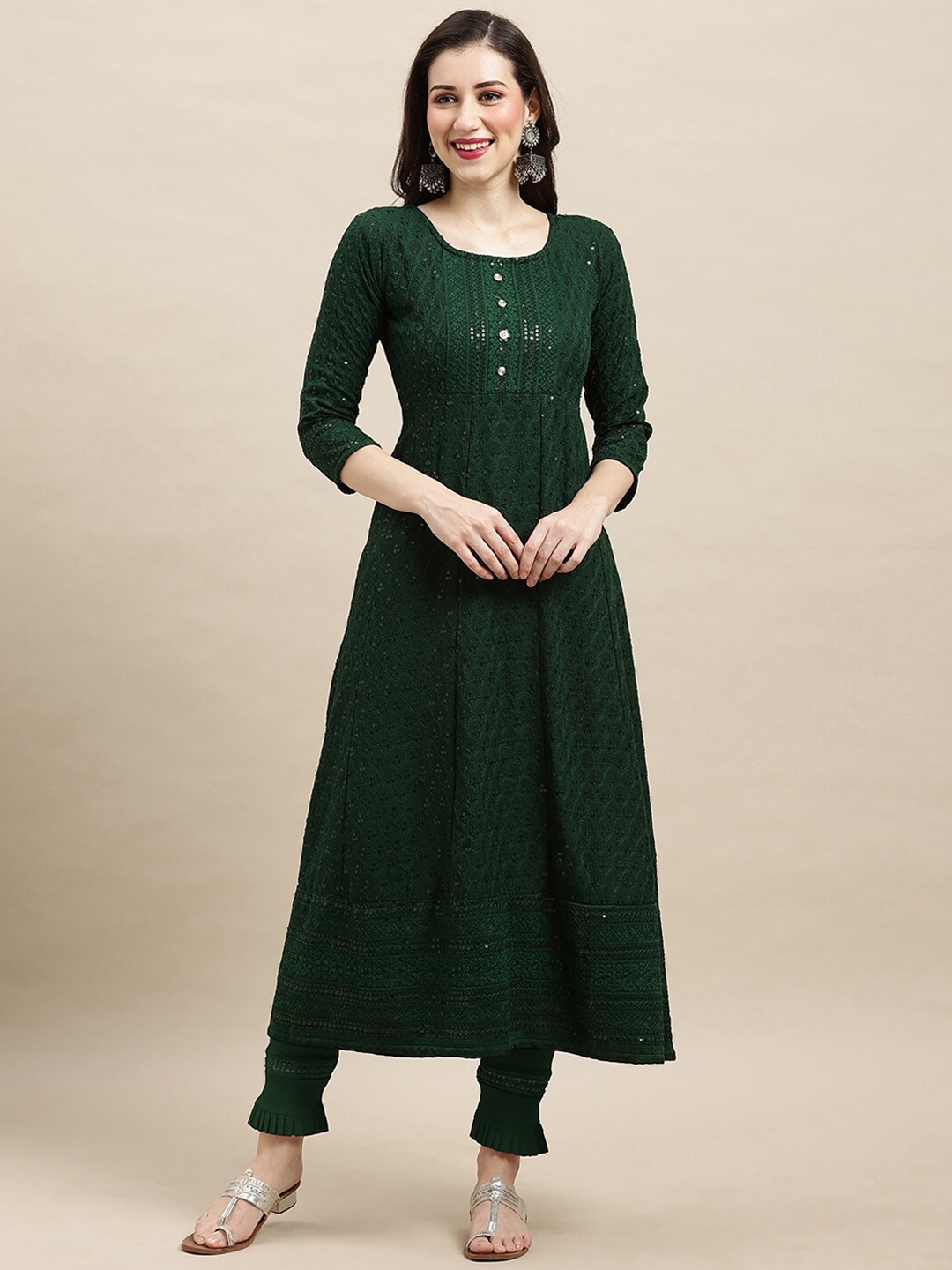 

Sangria Green Ethnic Motifs Embroidered Chikankari A-line Kurta