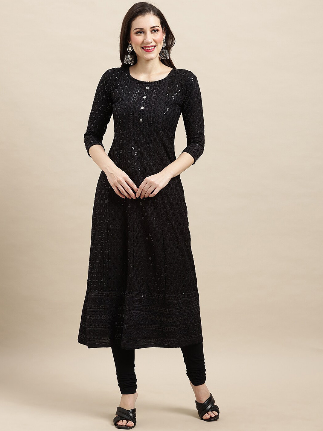 

Sangria Black Ethnic Motifs Embroidered Chikankari A-line Kurta