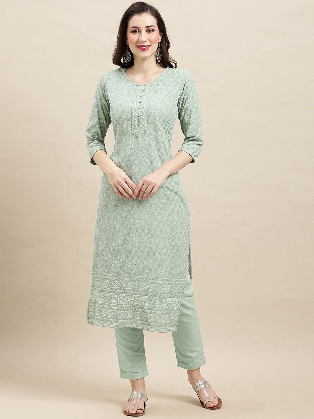 

Sangria Green Ethnic Motifs Embroidered Sequined Straight Kurta