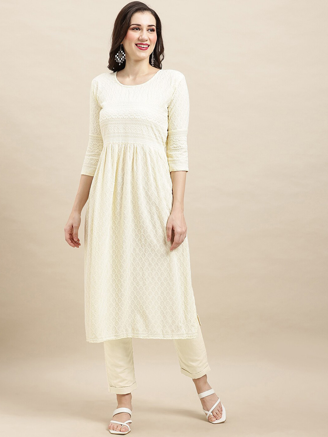 

Sangria White Ethnic Motifs Embroidered Chikankari A-Line Kurta