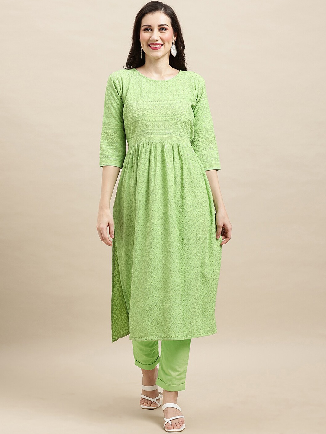 

Sangria Green Ethnic Motifs Embroidered Chikankari A-Line Kurta