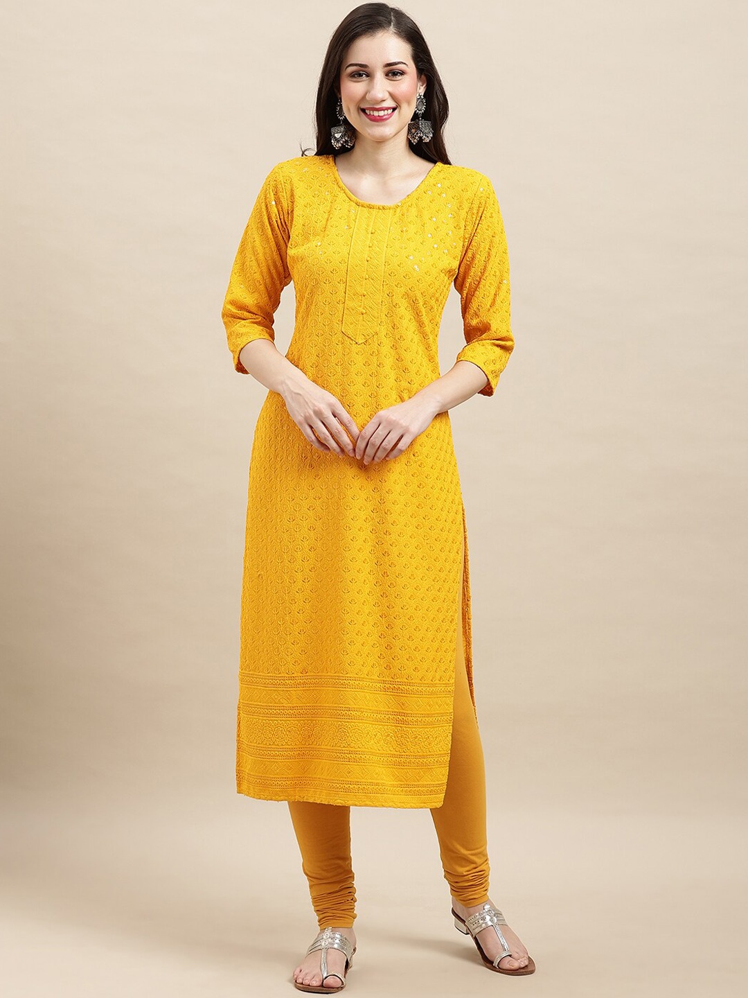 

Sangria Mustard Yellow Ethnic Motifs Embroidered Sequined Straight Kurta