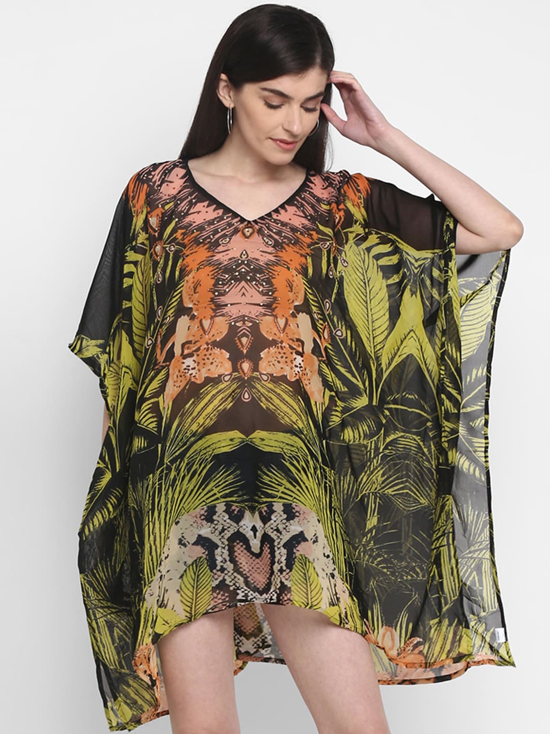 

Aditi Wasan Tropical Print Kimono Sleeve Chiffon Kaftan Dress, Black