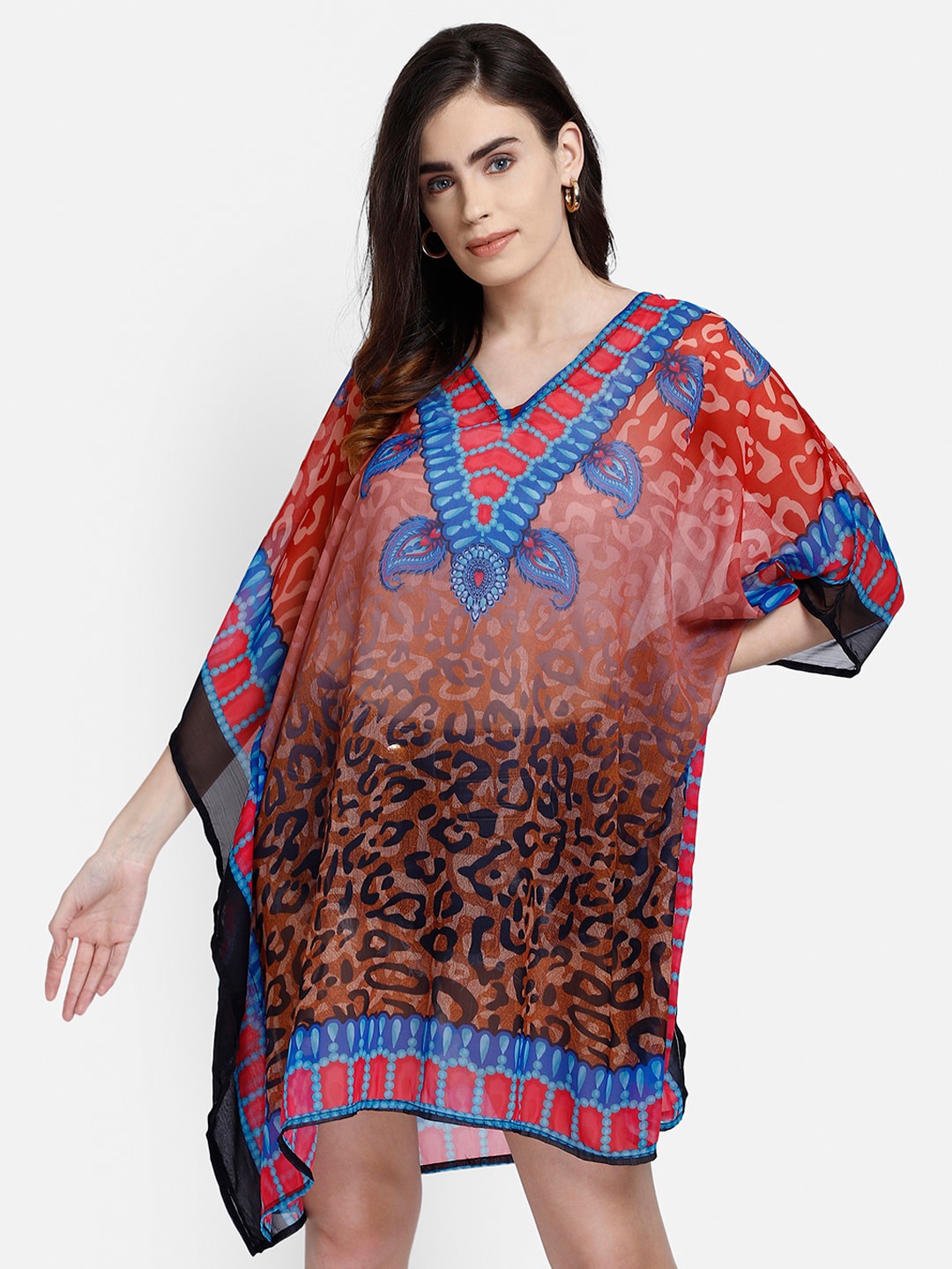 

Aditi Wasan Ethnic Motifs Print Kimono Sleeve Chiffon Kaftan Dress, Blue