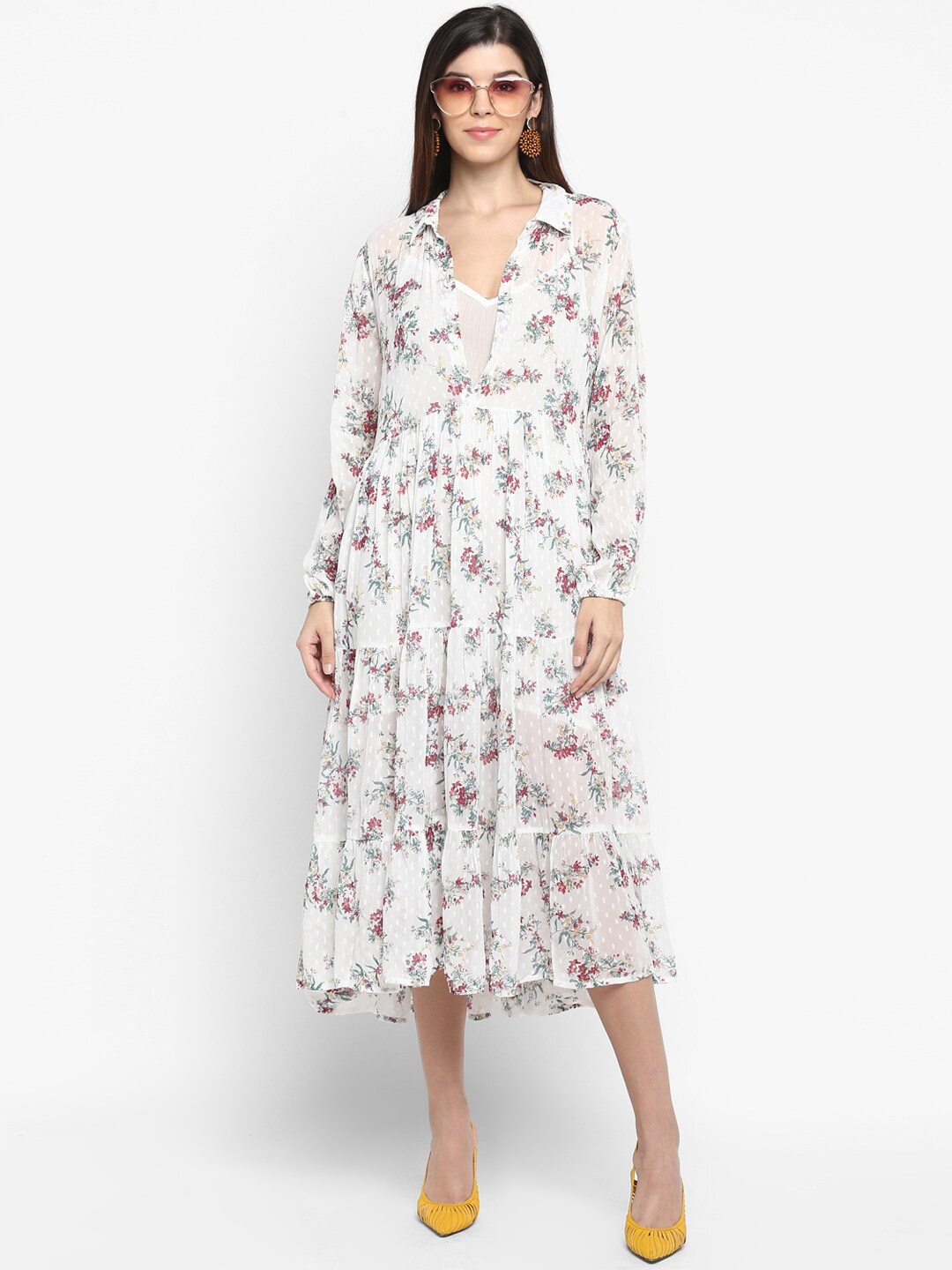 

Aditi Wasan Floral Printed Shirt Collar Tiered A-Line Midi Dress, White